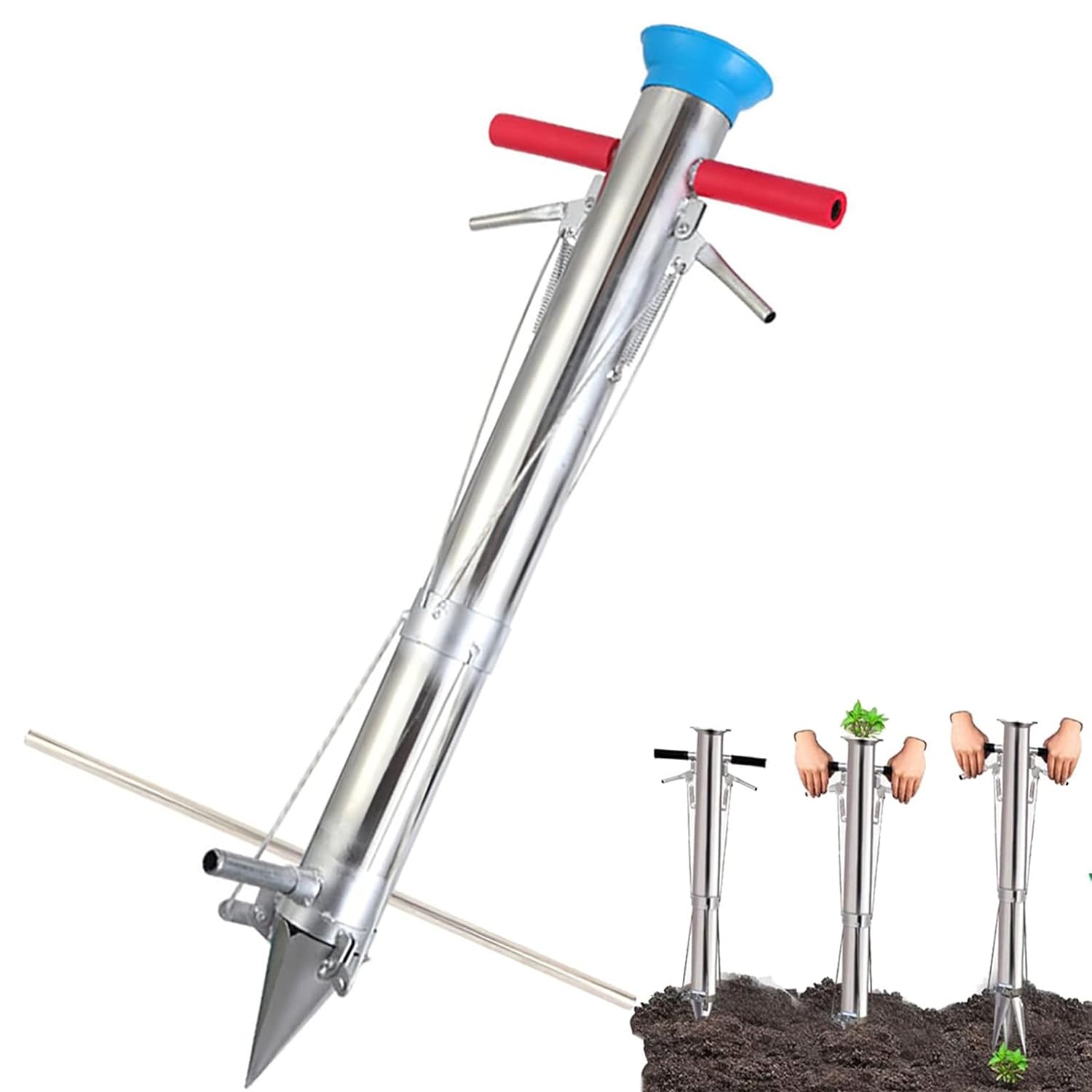 TsoLay Sämlingspflanzgerät, Multifunktionales Gemüse-Pflanzgerät Mit Abstandslineal Und Pedal, Doppelgriff, Edelstahl, Praktisch Zum Einpflanzen, Für Garten, Hof, Gewächshaus
