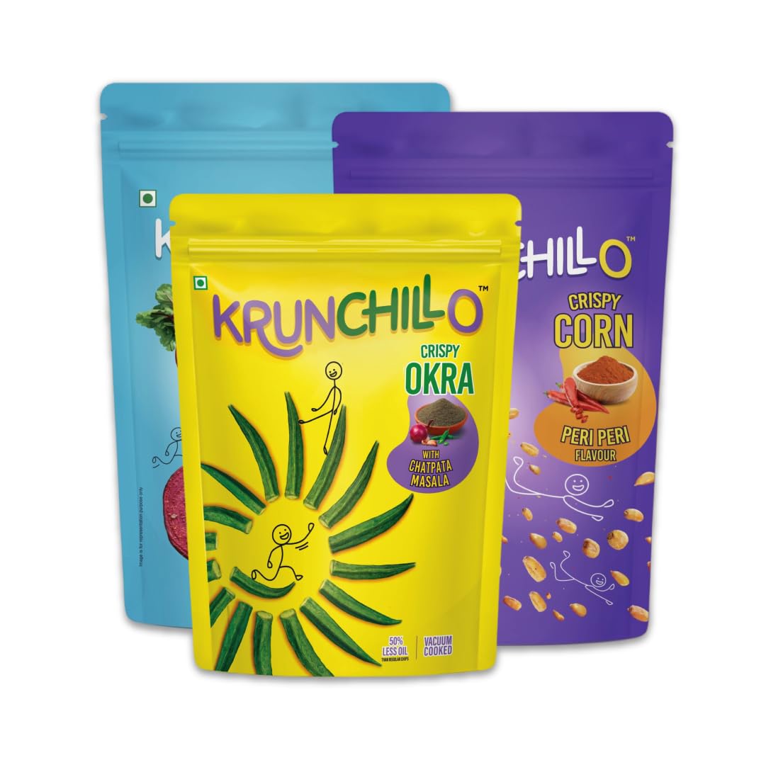 KRUNCHILLO - Beetroot Mint,Corn Peri Peri and Okra Chatpata Masala Flavour Chips |Healthy Snacks | High Protein | Source of Fiber |Assorted Pack | 50% Less oil Vaccum Cooked (160g- Pack of 3)