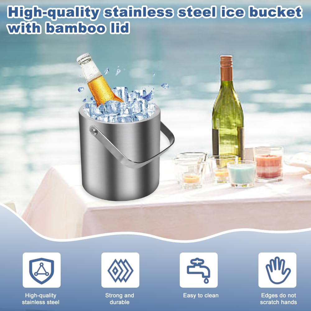 Secchiello Ghiaccio in Acciaio Inox 1,3L Secchiello per Champagne a Doppia Parete Portaghiaccio con Coperchio Pinze e Filtro Contenitore del Cubetto di Ghiaccio per Cocktail Bar e Feste