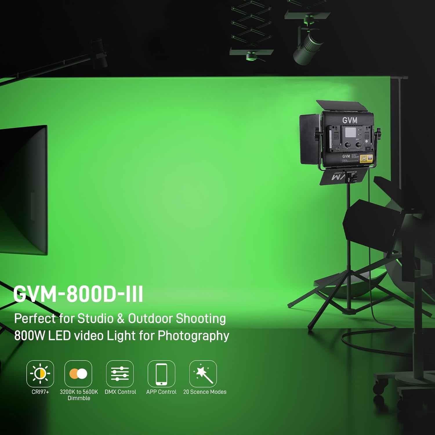 GVM 800D III LED Videoleuchte mit Stativ, RGB, 3200K–5600K Studilicht Fotografie Licht Panel,6X Helligkeit, 19500Lux/0,5m Fotolicht Dauerlicht für Foto Film, 20 Szenen, CRI97+ App-Steuerung (1Pack)
