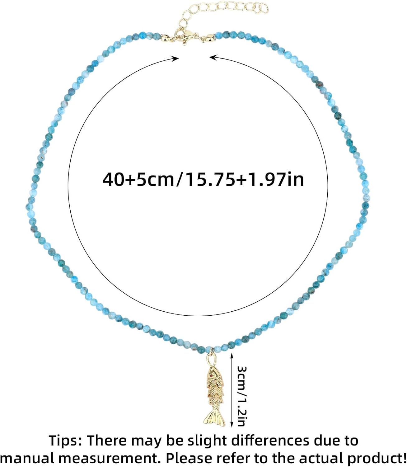 Boho Fish Necklace for Women, Adjustable Blue Natural Stone Beaded Necklace with Gold Fish Pendant Bohemian Beach Jewelry for Summer Vacation Swimwear Trendy Gift - Image 2