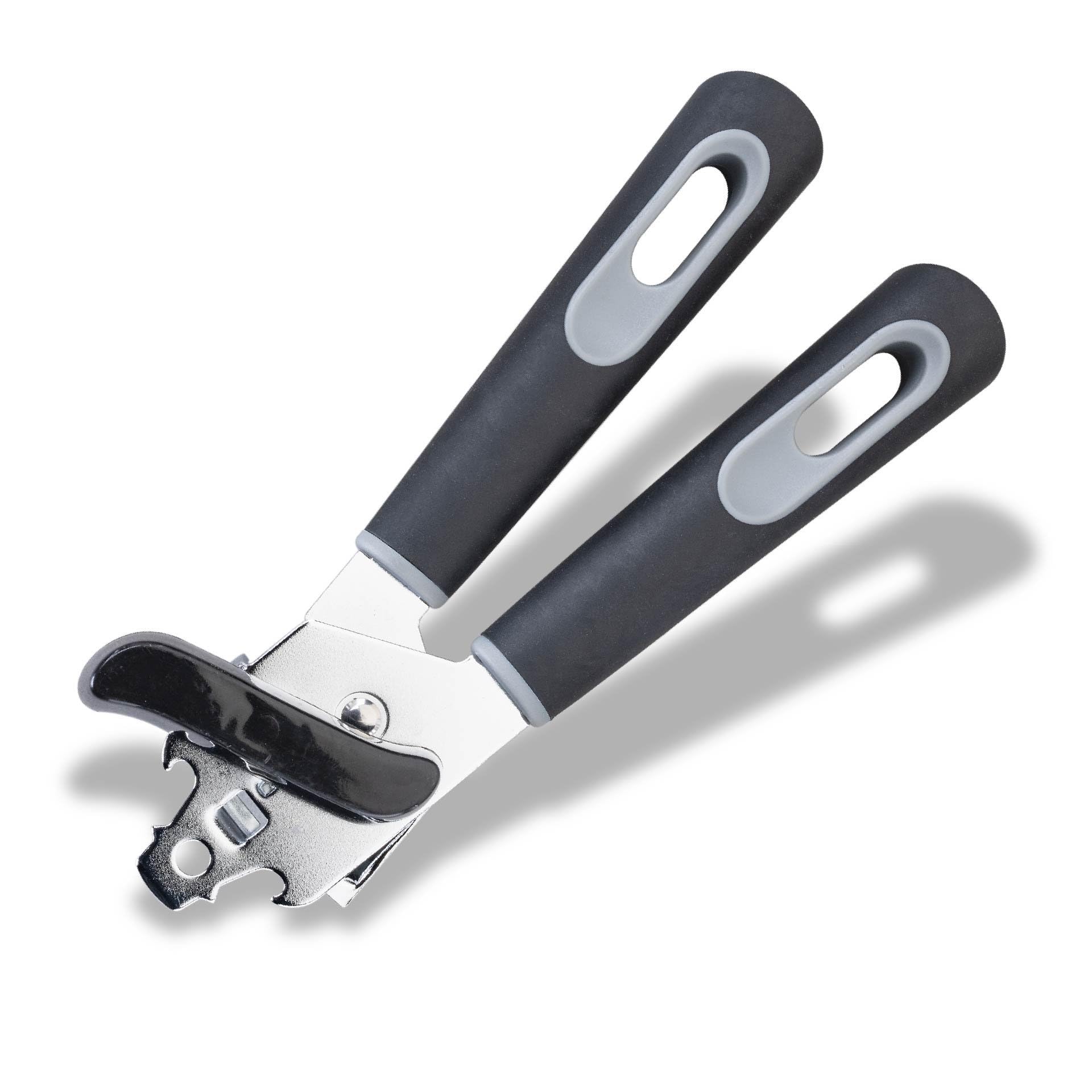 Fackelmann PRO Can Opener Stainless Steel, Soft Touch Comfortable Handle, Food Safe Handheld Manual Tin Opener, Multifunctional with Bottle Cap Opener, Sharp Cutting Blades, Black Grey Silver, 21.5 cm