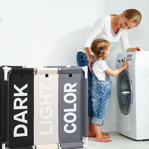 Miniatura 8 de Cesta clasificadora de ropa sucia de 3 secciones con ruedas rodantes, carrito organizador de lavandería para baño, dormitorio, guardería (blanco +