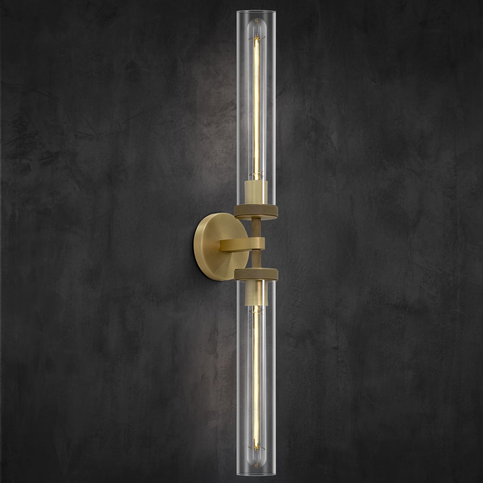 30" Bathroom Wall Sconce, Brass Wall Sconces Hardwired, Gold Wall Sconce Dimmable, Knurled Linear Sconces Wall Lighting with Glass Tube, Vanity Light for Bathroom, Living Room, Bedroom