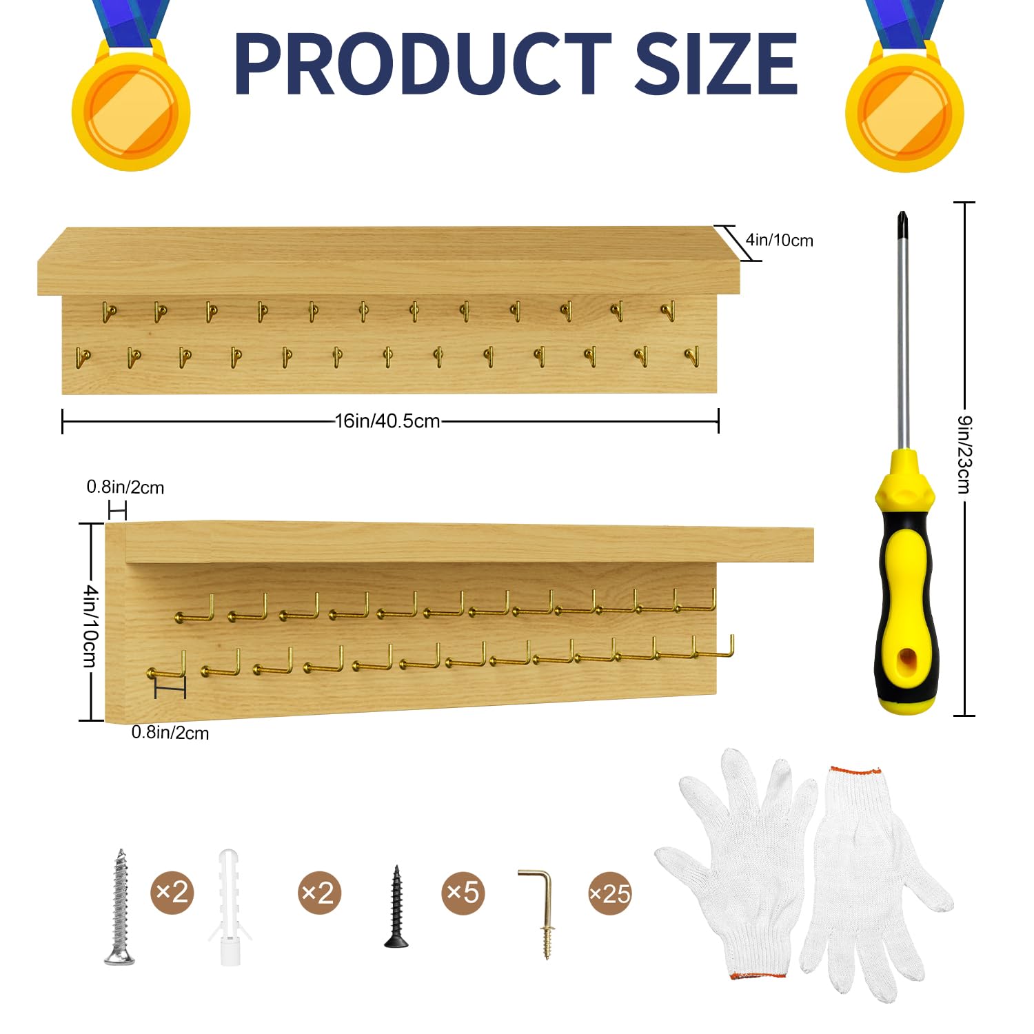 Espositore Per Medaglie E Trofei In Legno - Con 30 Tasche Per Pettorali Da Corsa