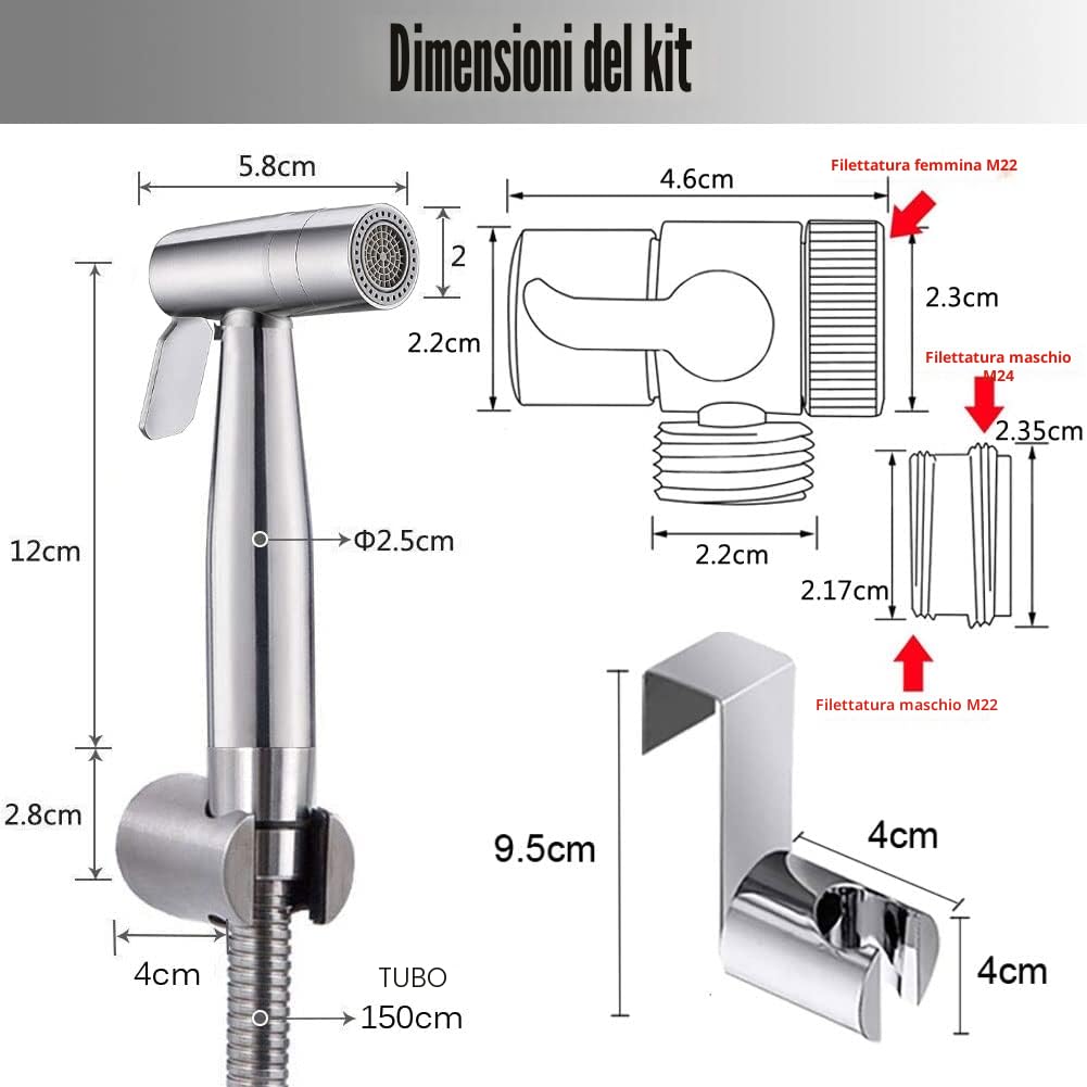 Bidet Portatile Kit Doccetta Spruzzatore WC Acciaio Inossidabile Deviatore 2 Vie Tubo 1,5m Supporto