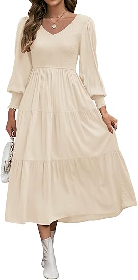 ZESICA Women's 2023 Casual Long Sleeve Crew Neck High Waist Smocked Flowy Tiered Midi Dress
