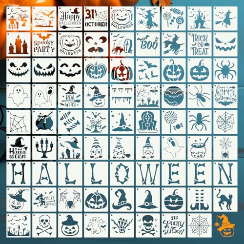 DZXCYZ 80 Pcs 4 x 4 Inch Halloween Stencils for Painting on Wood Reusable Happy Pumpkin Spider Web Stencil DIY Ornaments Ghost Paint Template Set for Wall Door Home Decor