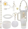 Stanley Cup Accessories Set, 7PCS Stanley Cup Decor Includes Stanley Straw Cover, Water Bottle Handle Strap, Silicone Stanley Cup Boot, Stanley Charms for Stanley Cup 40oz & 30 oz Tumbler (White)