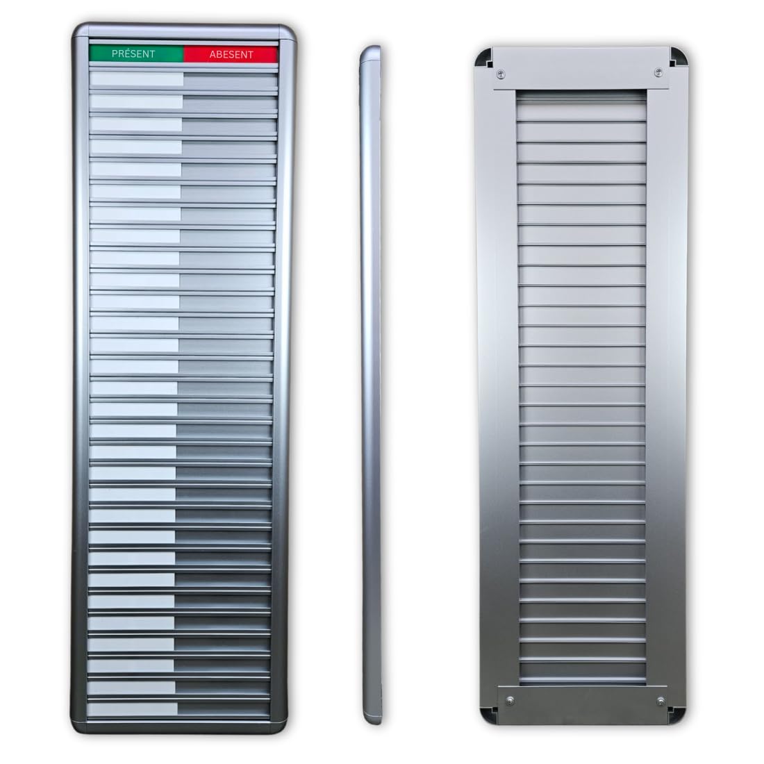 Tableau de présence et d’absence CombiCraft pour 30 personnes avec texte ‘Présent-Absent’, en aluminium avec 30 étiquettes coulissantes, dimensions de 258 x 830 mm