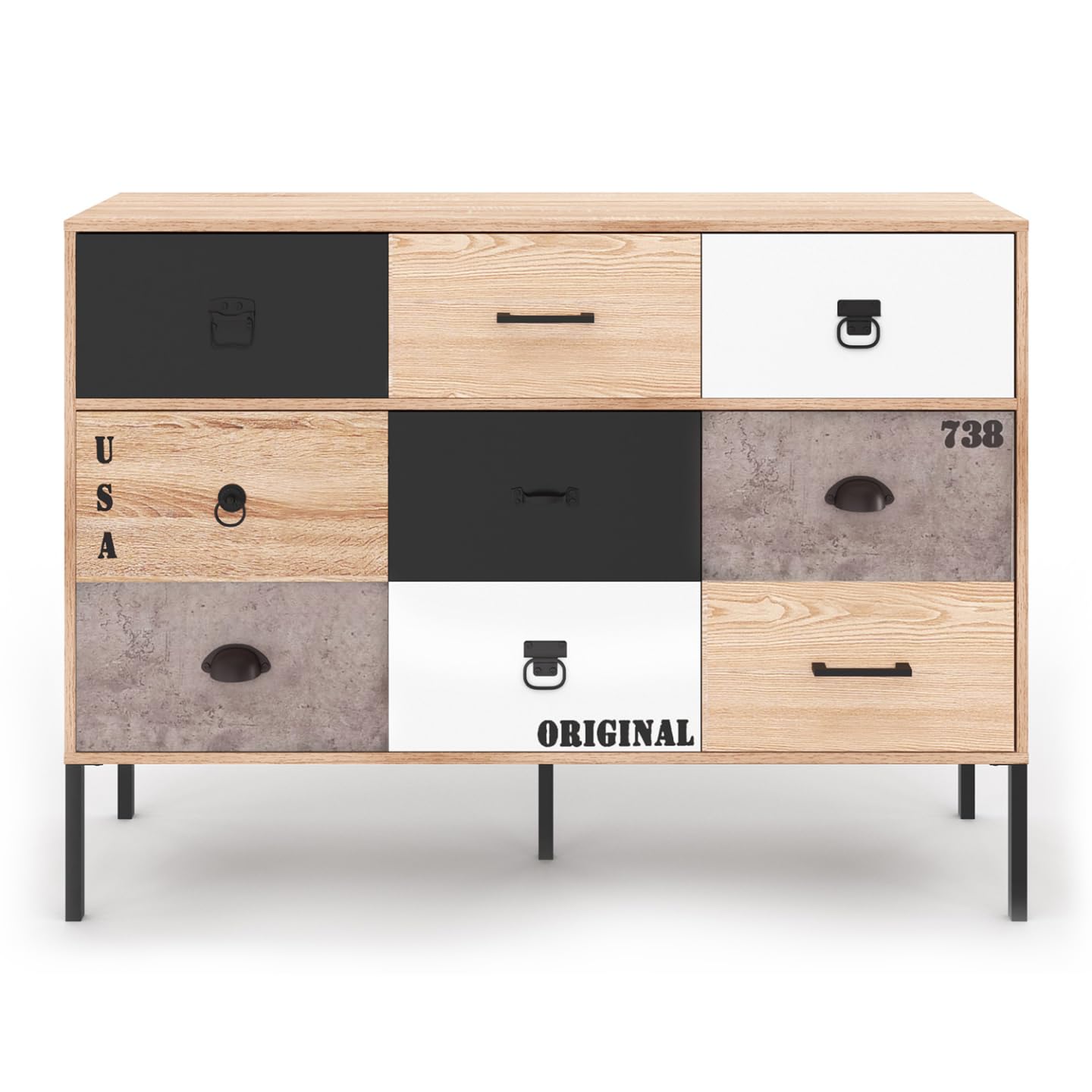 IDMarket Sacramento Design Industrial - Aparador 3 puertas 3 cajones 110 cm