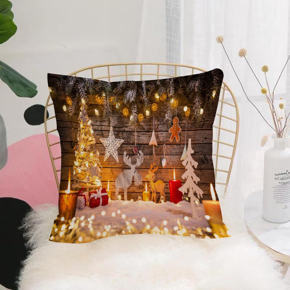 HYMSXW Cushion Cover,Throw Pillow Case Home Decorative for Living Room Bedroom Sofa Chair 20X20 Inch,Christmas background, wooden background with twinkling lights, glowing candles,Pillowcase 50X50cm