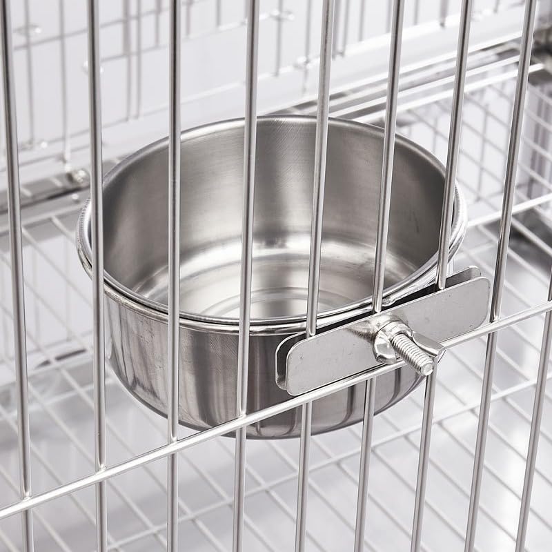 Parrot Feeding Cups Birds Food Dish Stainless Steel Parrot Feeders Water Cage Bowls with Clamp Holder for Cockatiel Small Animal Chinchilla (Silver, 10x10x4.5cm)