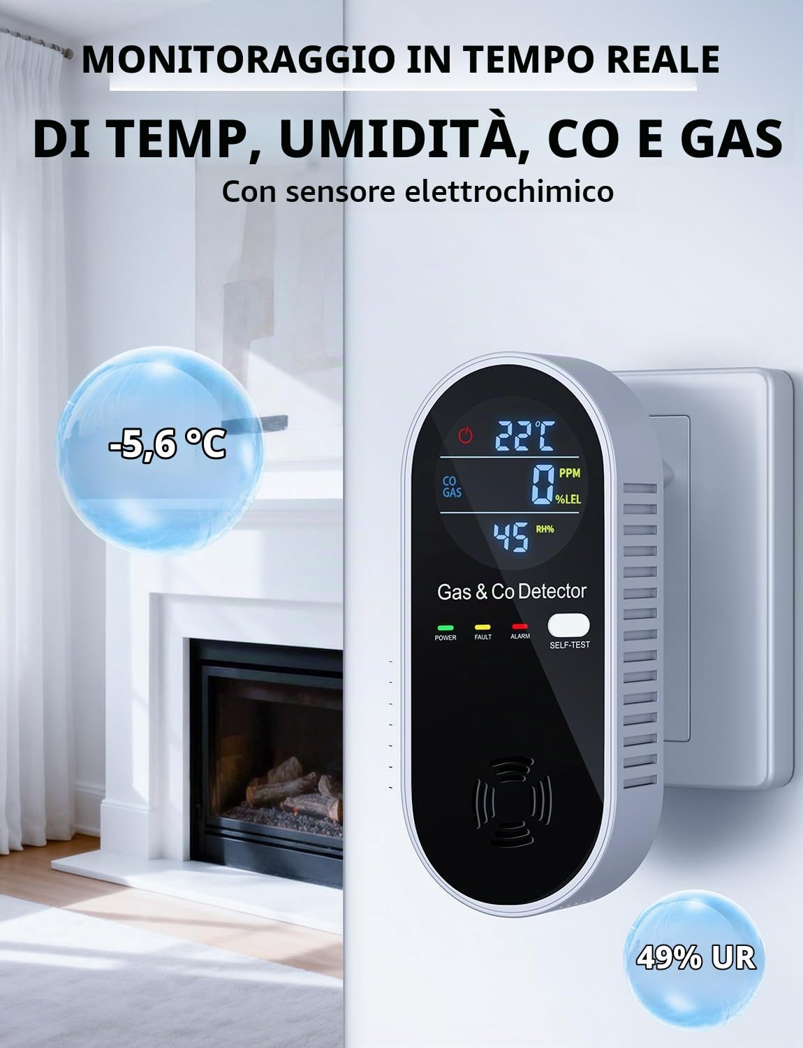 Rilevatore Monossido di Carbonio & Rilevatore Gas 4-in-1, Plug-and-Play senza danneggiare il muro, con allarme acustico e visivo – Per soggiorno, cucina, garage, fabbrica e cantiere – 4-in-1 – YEREADW