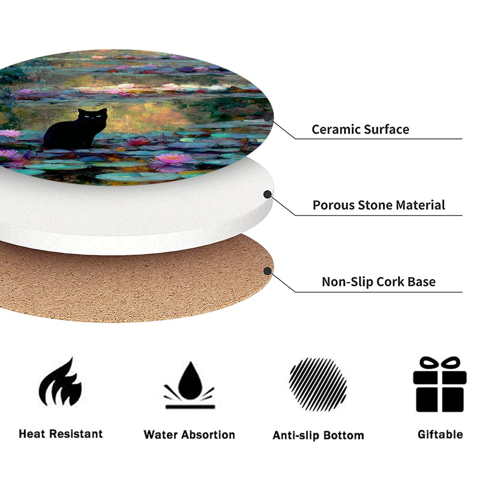 Drink Coasters - Water Lilies & Black Cat Set -3