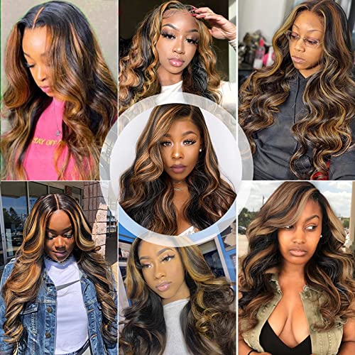 Haha Brown Highlight Lace Front Wig 4X4 Human Hair Body Wave Ombre Lace Closure Wig Pre Plucked With Baby Hair 20 Inch 150% Density Honey Blonde Highlight Wig 1Bt1B/30 #TOP6