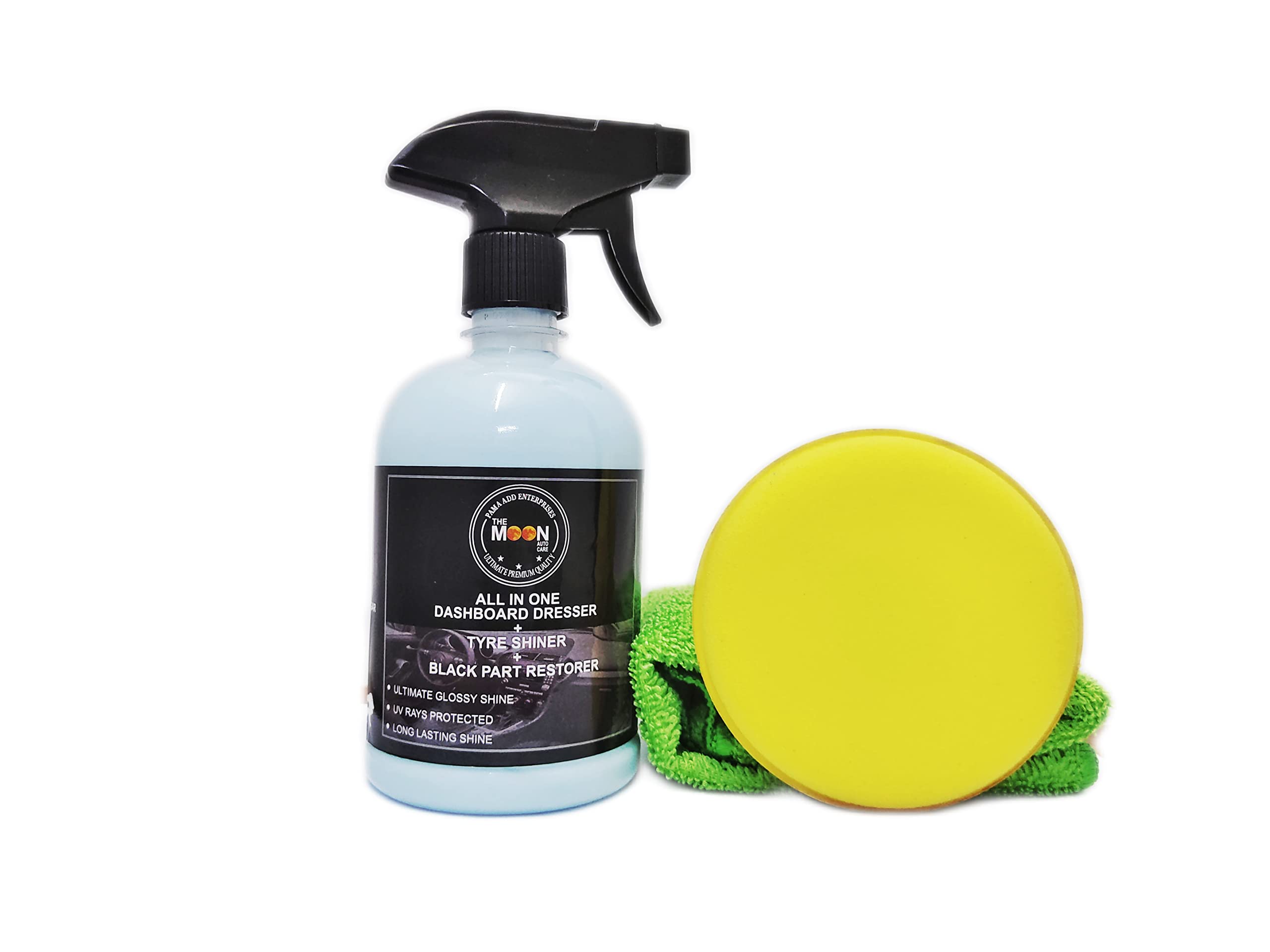 THE MOON AUTO CARE ALL IN ONE POLISH DASHBOARD DRESSER + TYRE SHINER + BLACK PART RESTORER +MICROFIBRE TOWEL 350GSM + DASHBOARD APPLICATOR + TYRE APPLICATOR COMBO 250 ML