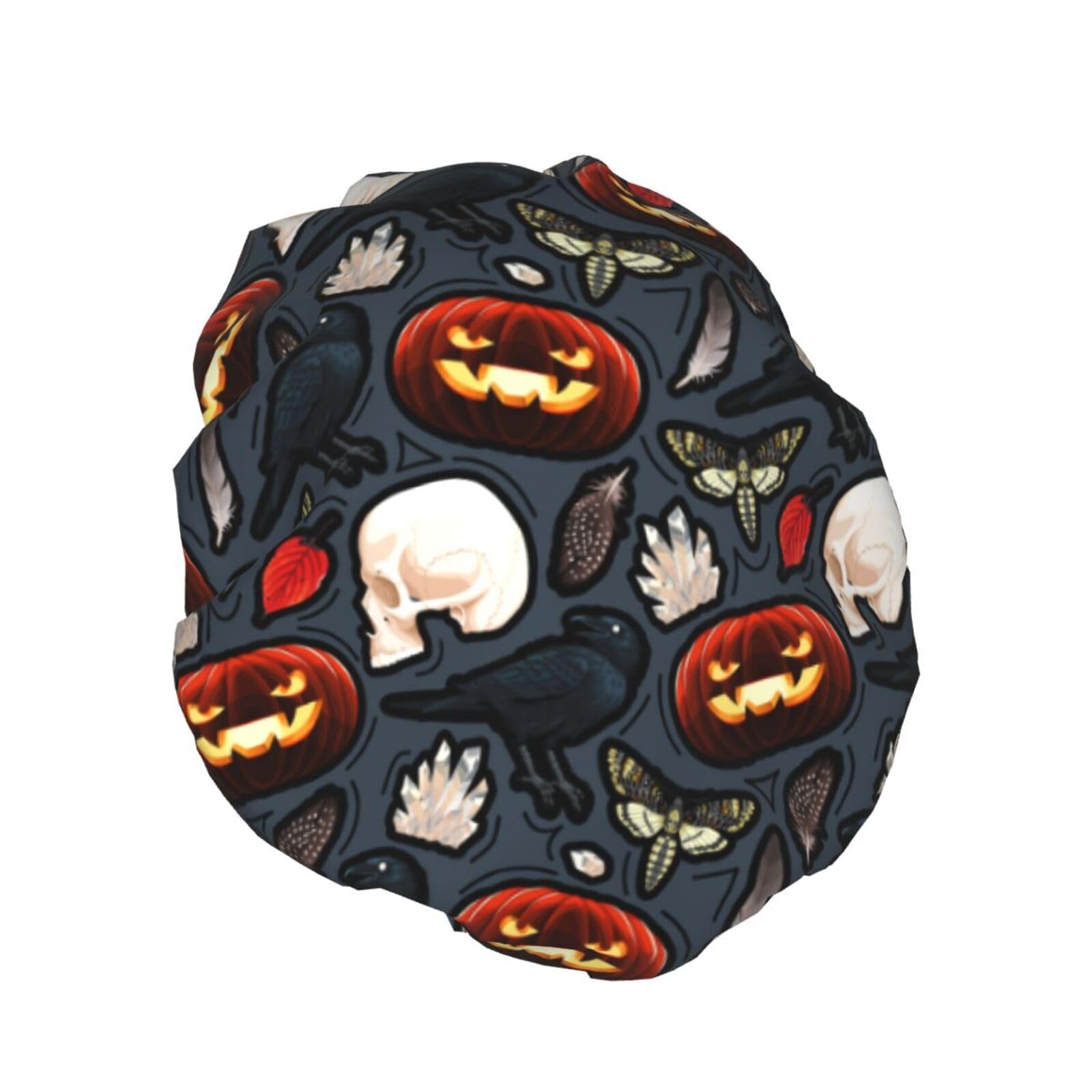 Shower Cap Reusable halloween raven pumpkin skull Bath Shower Caps for Women Long Hair Double Layer Waterproof Bathing Shower Hat Hair Protector