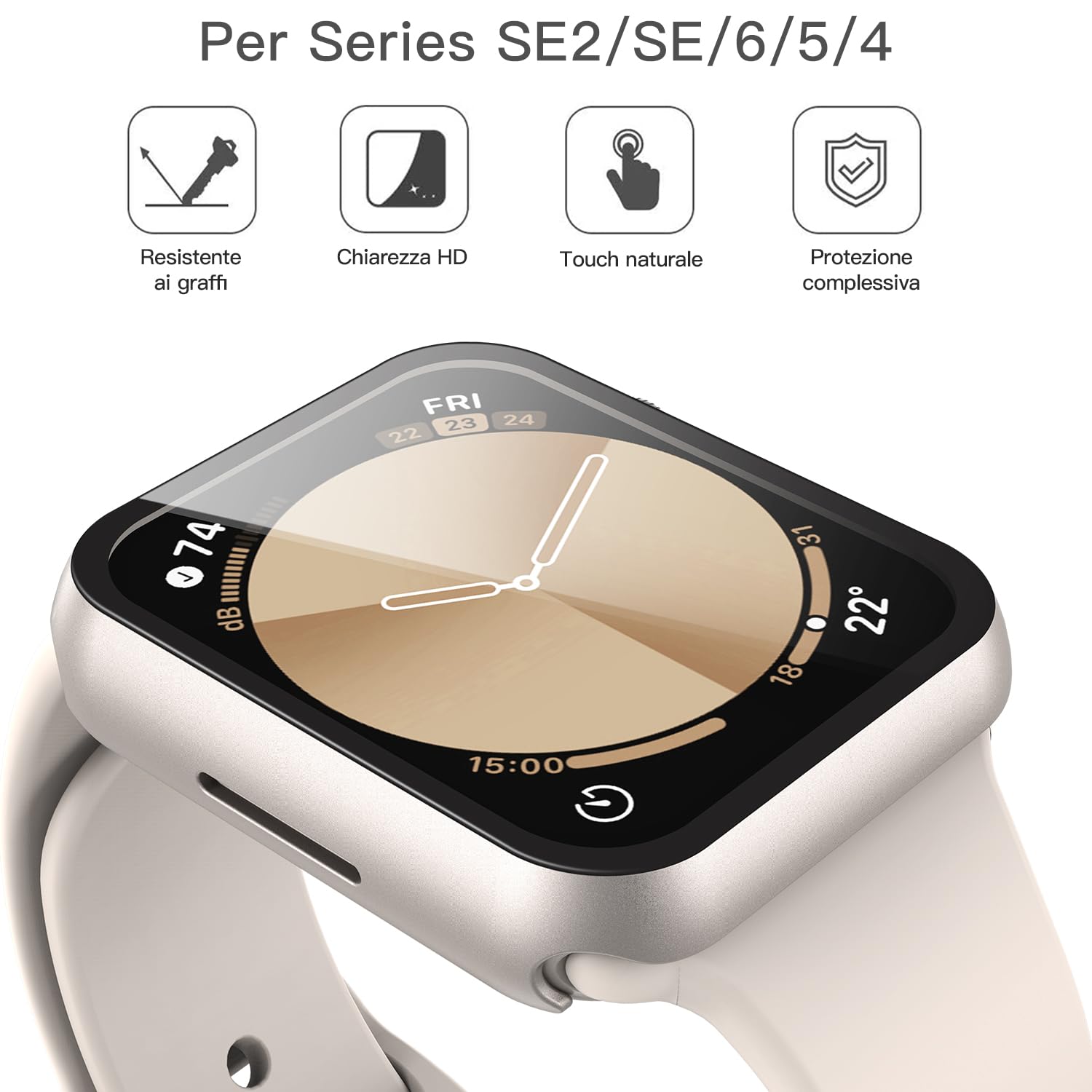 Misxi 2 Pezzi PC Cover Protezione in Vetro Temperato Compatibile con Apple Watch SE3/SE2/SE/Serie 6/Serie 5/Serie 4 40mm, Custodia Resistente Graffi Leggero per iWatch, 1 Luce Stellare + 1 Trasparente