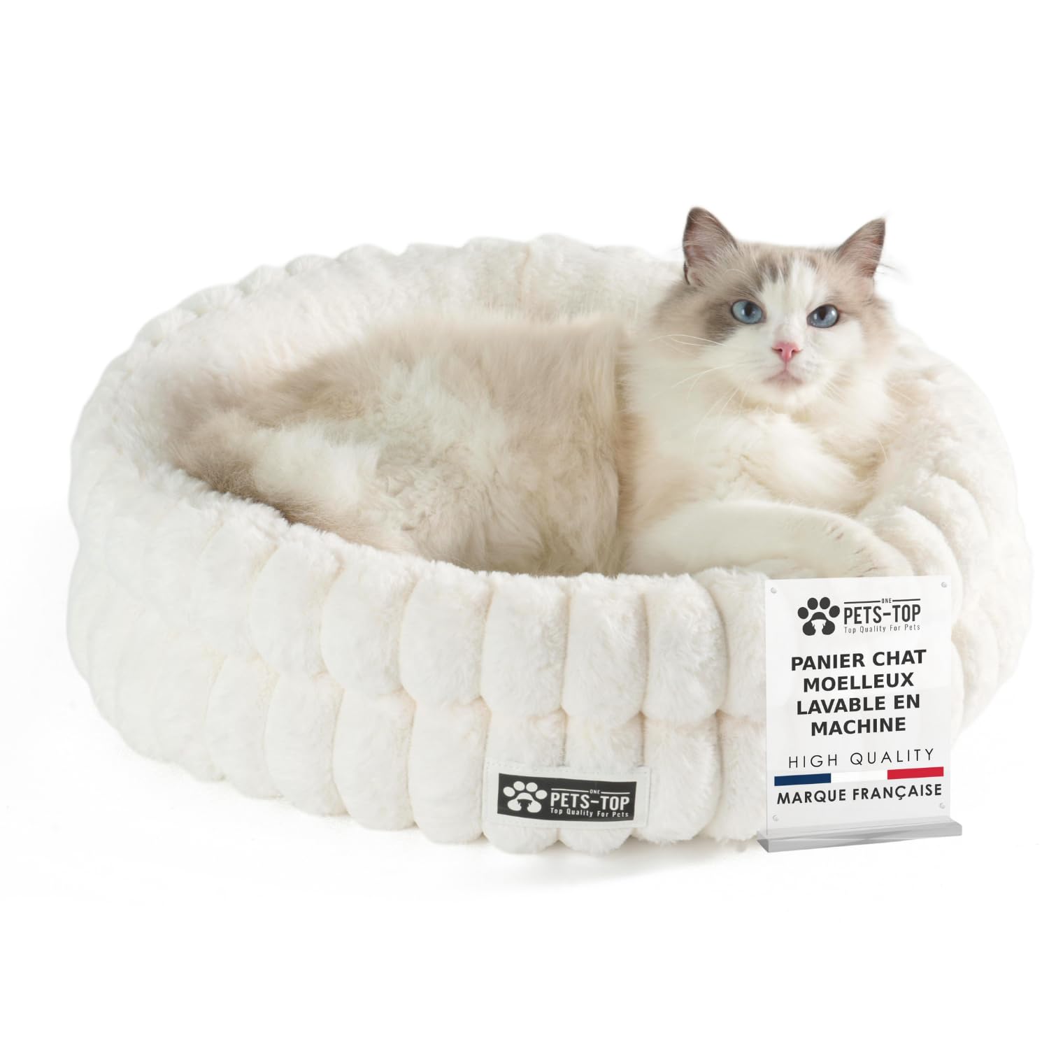 One PETS-TOP Panier Chat Moelleux – Coussin Chat ou Petit Chien Doux et Confortable – Cat Bed Antistress – Couchage Apaisant Rond et Chaud (Blanc, 50 cm)