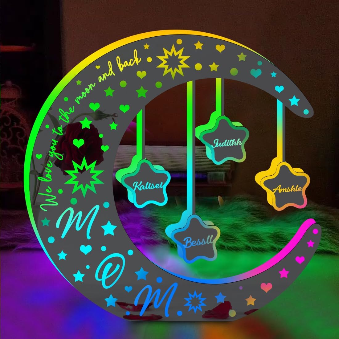 Personalized LED Mirror Moon Lamp Custom Lights Up Mirror Moon and Star Lights with Family Kids Names Acrylic Night Light Mother's Day Birthday Gifts for Mom from Daughter Son (Moon Light-2)