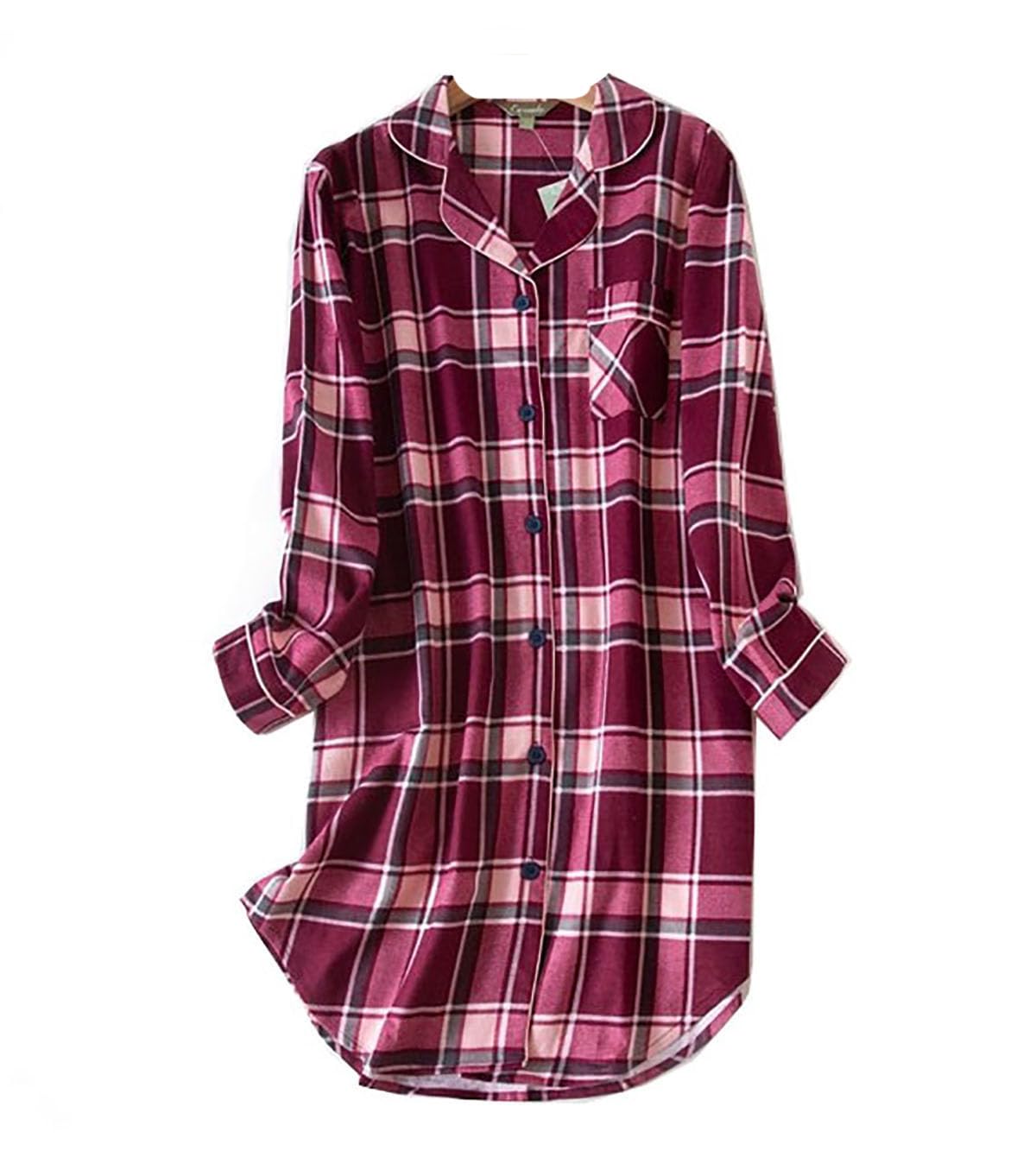 Womens Nightshirt Long Sleeve Cotton Sleep Shirt Button Down Nightdress Sleepwear Nightshirts Women