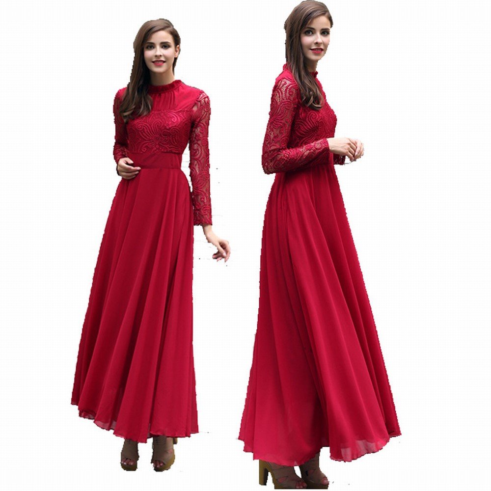 ZULQ Primavera Y Verano Vestido Vestido de Manga Larga de Gasa de Encaje Rizado Rojizo
