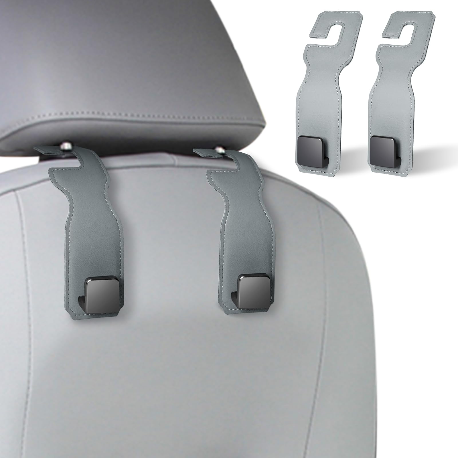 DXMWWTP 2 Pack Car Headrest Hooks, Leather Covered Metal, Seat Organizer for Purses and Bags (Gray)