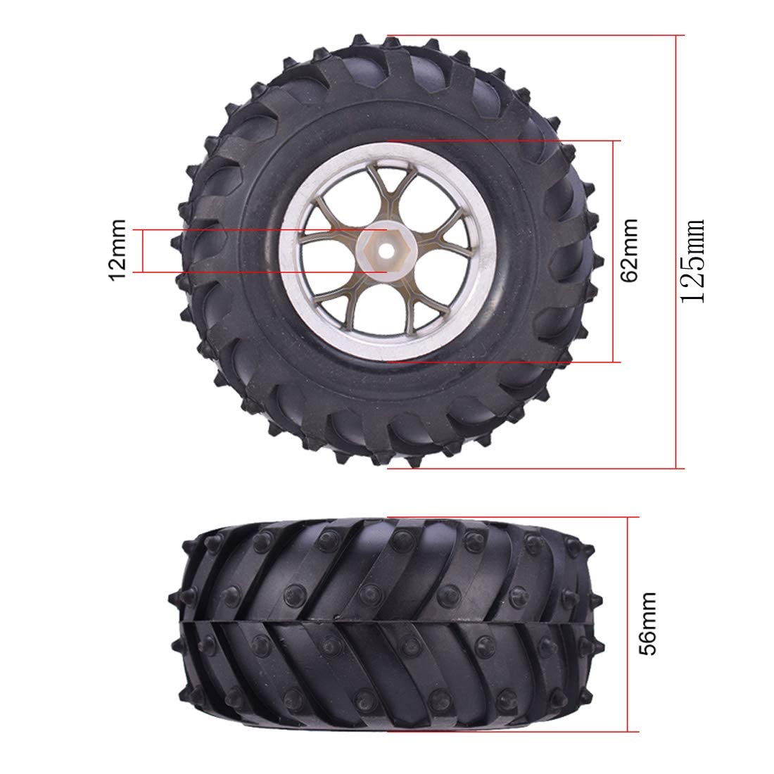 KINGCOO 4Pcs 125mm Pneus en Caoutchouc,RC Monster Truck Pneus Roues en Plastique pour 1/10 RC Voitures de Crawler Camions Truggy pour HSP HPI Tamiya Kyosho (Y-Formée Bleu)