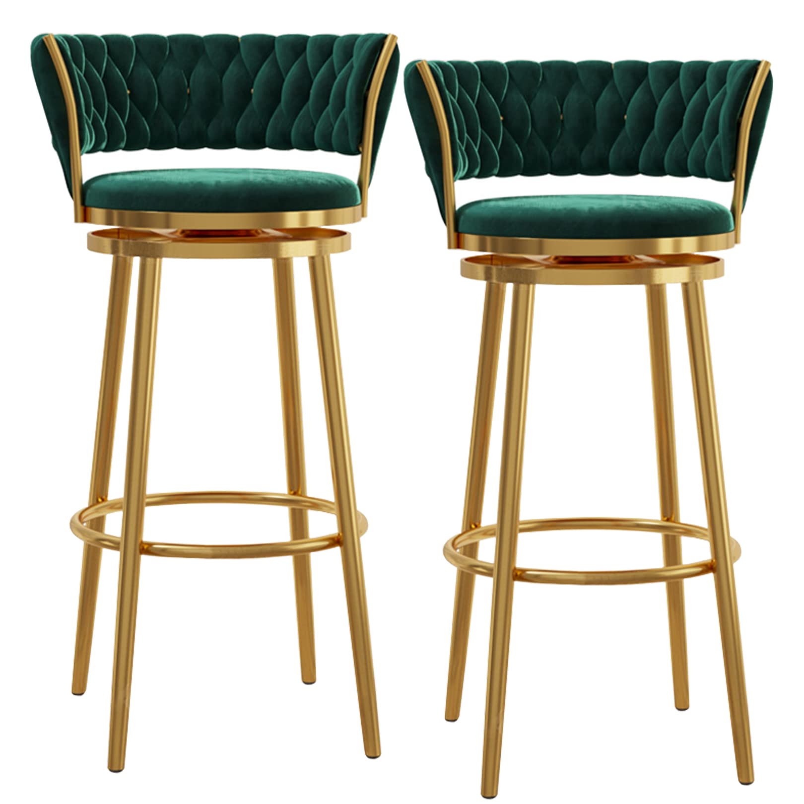 Tabourets de bar en velours vert de 75 cm avec pieds dorés | Lot de 2