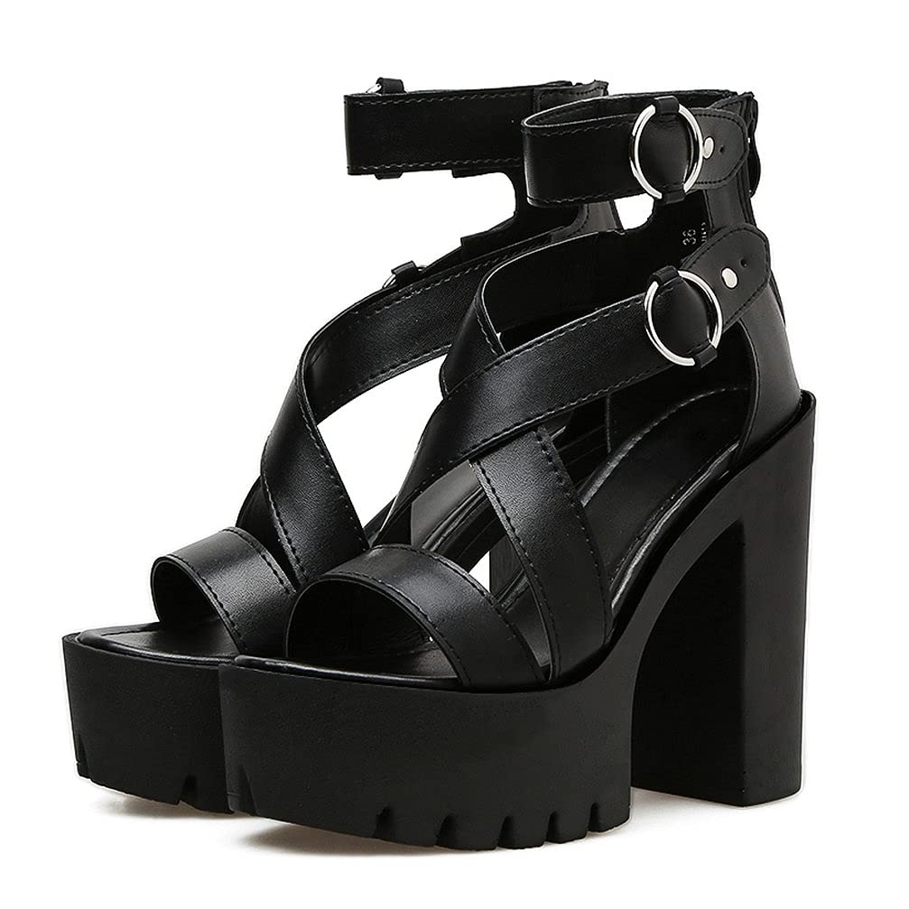 KOKOMOMO Womens High Chunky Heel Platform Ankle Strap Goth Sandals