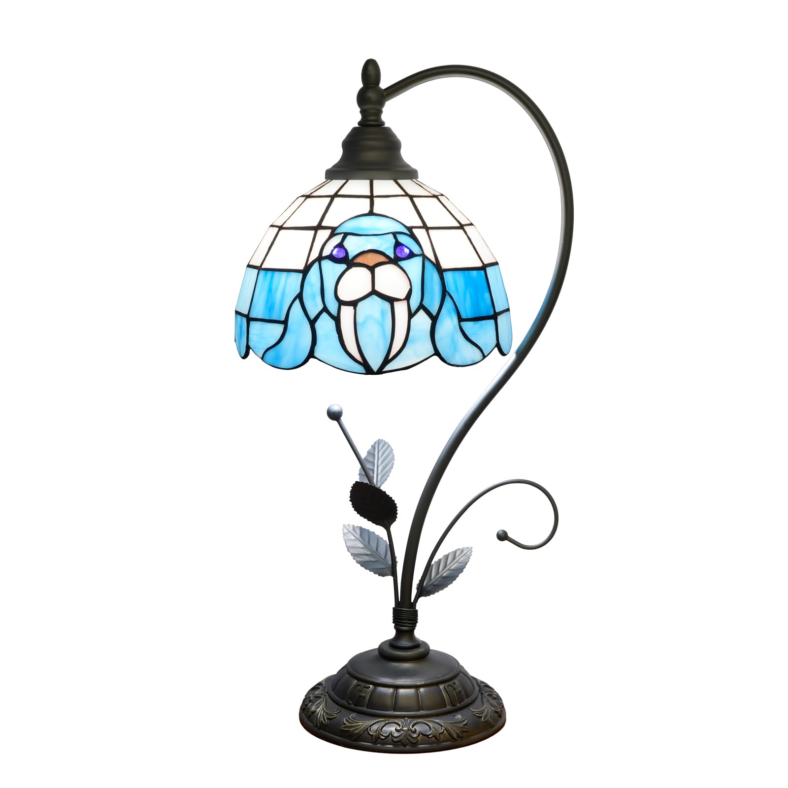 NUODITOS Tiffany Table Lamp Blue Walrus Stained Glass Bedside Lamp Tiffany Style S Metal Leaves Desk Light for Home Living Room Office Dormitory Bar Family Friends Gift
