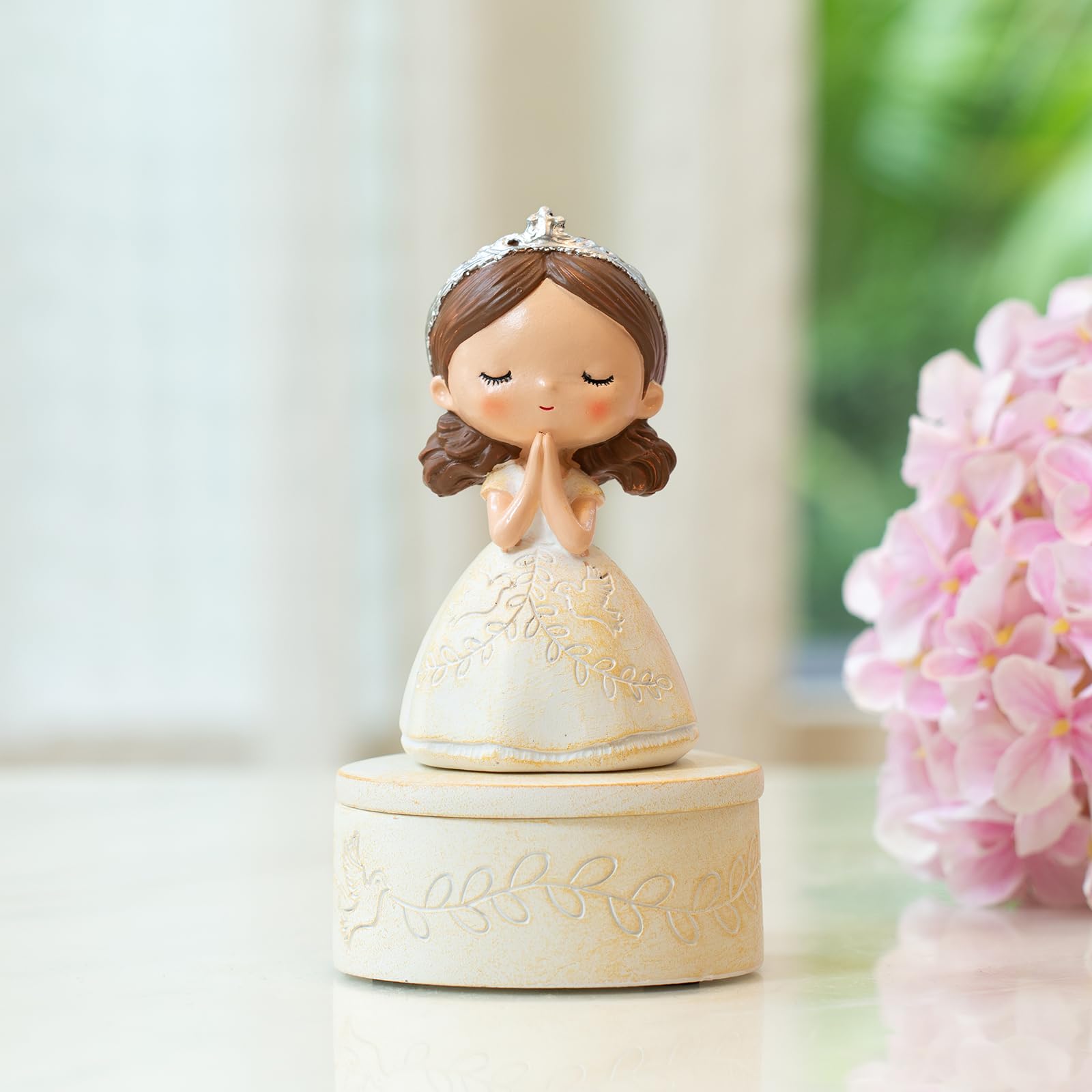 First Communion Gift Set for Girls - Resin Prayer Girl Figurine with Dove & Olive Branch Design, White Religious Keepsake Statue, Pearl Necklace Cross Pendant, Gift Box Set with Inspirational Message