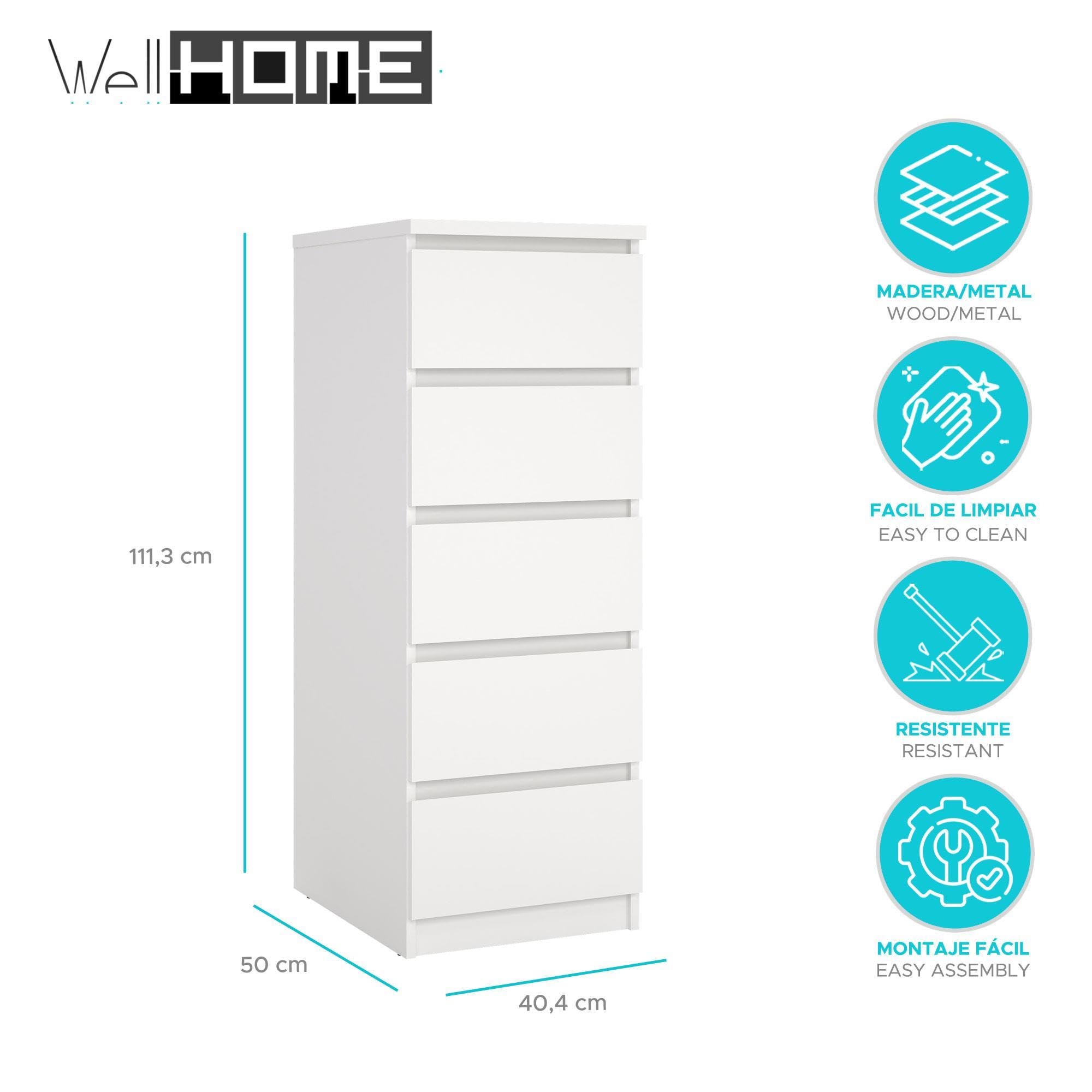 Cómoda, Cajonera Dormitorio SIL White con 5 Cajones,Color Blanco, 41 x 50 x 112 cm