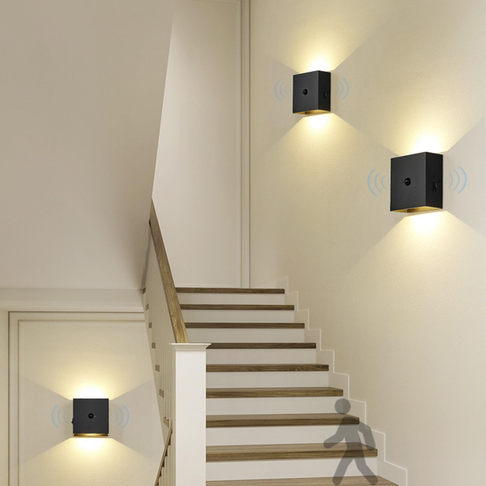 Modern Innen Wandlampe mit Bewegungsmelder Wandleuchte Up Down Wandbeleuchtung LED 2700K/6500K Aluminium Schwarze für Wohnzimmern Arbeitszimmer Treppenhaus (Warmes Licht,2 Stück)
