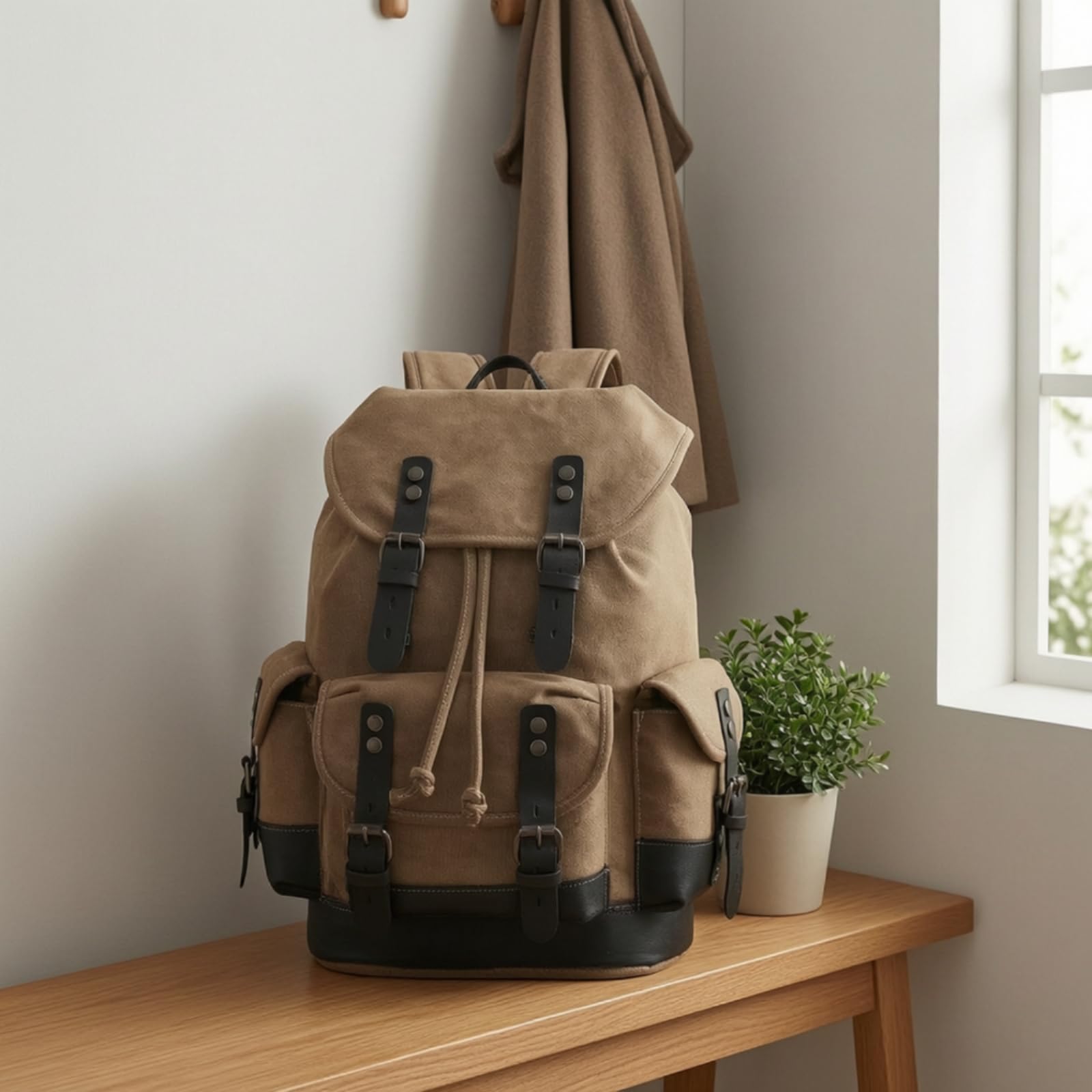 Zaino in Tela Robusto Zaino Vintage Multitasche Borsa con Coulisse per Pendolari, Viaggiatori, Tempo Libero, università, Array, Verde