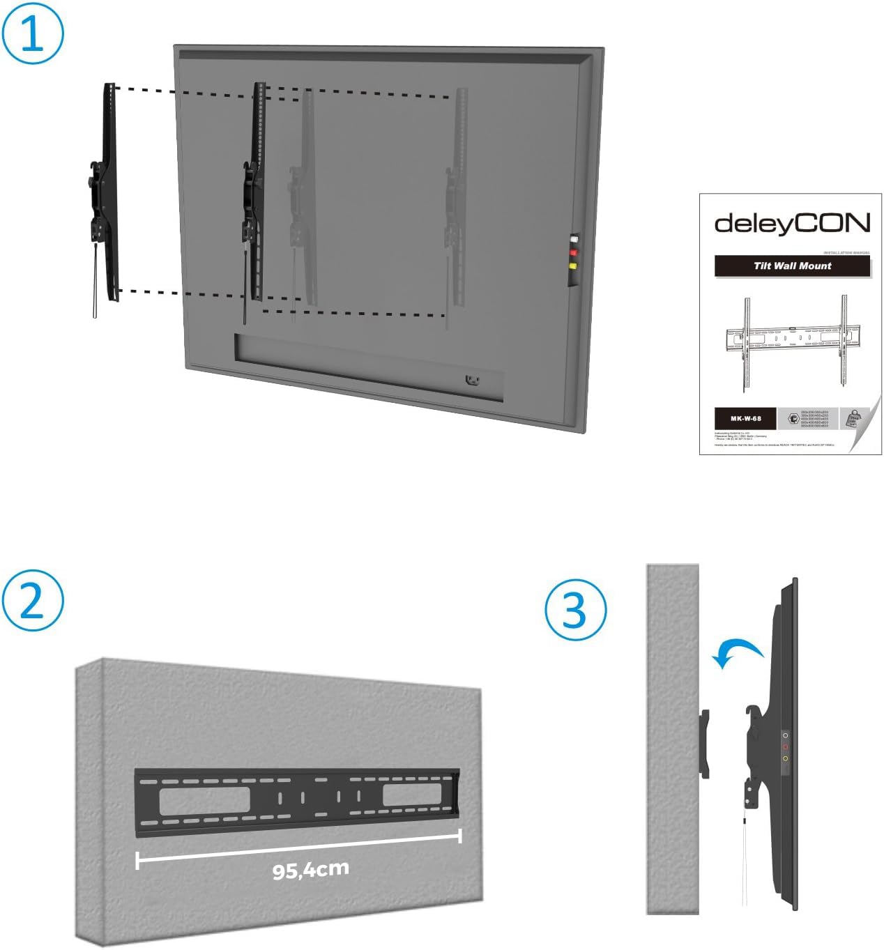 deleyCON Supporto Parete Universale per TV 60"-100" Pollici (152-254cm) Inclinabile 75Kg & VESA 900x600 Televisione Plasma LCD LED OLED TFT CURVED