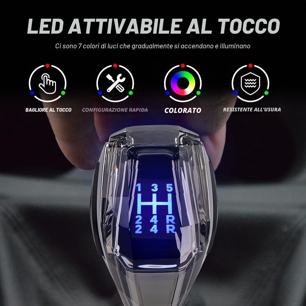 Pomello Cambio Universale, Manuale 5 Marce Leva Pomello Cambio Senza Pulsanti Cristallo 7 Colori Illuminazione LED Attivata al Tocco