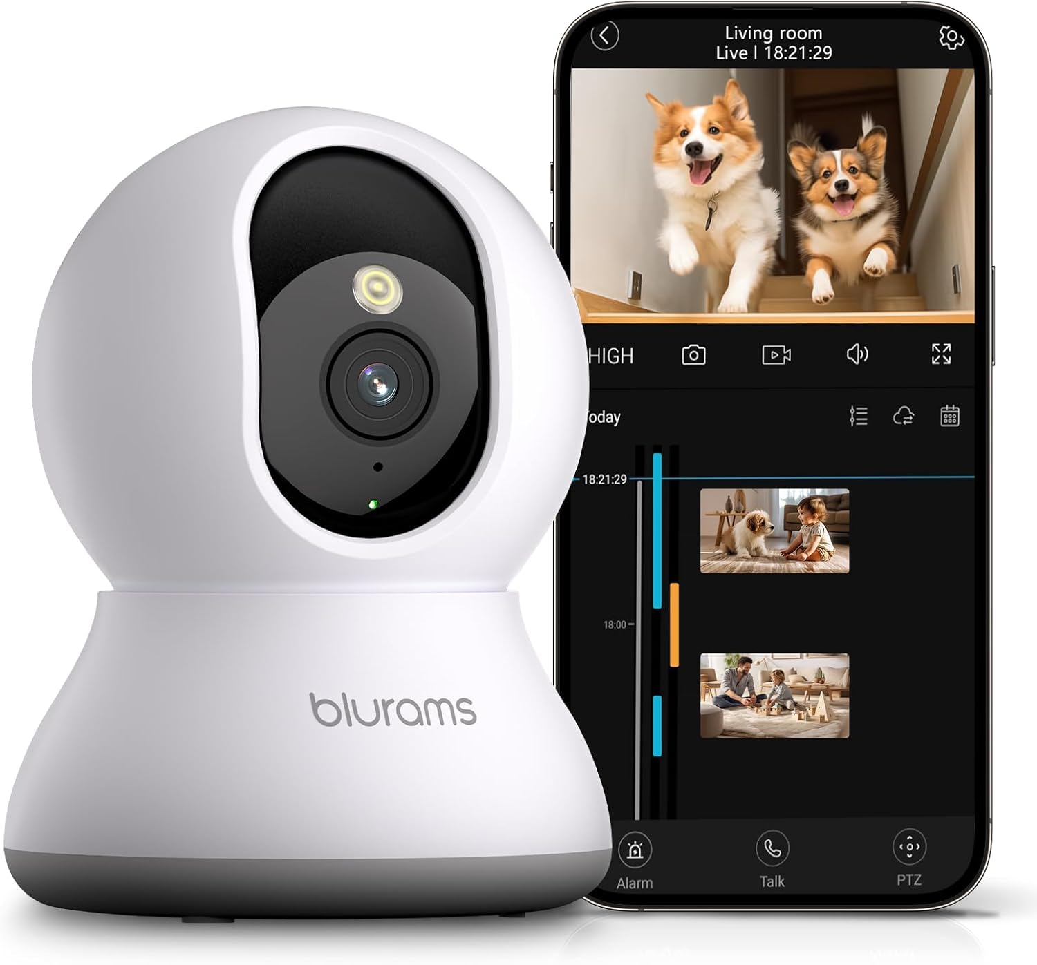 blurams Telecamera Wi-Fi Interno,2K Videocamera Sorveglianza,Rotazione a 360°,Visione Notturna, Rilevamento di movimento/suono AI, Archiviazione Cloud O Locale, 5G/2.4G (Bianco–2K)