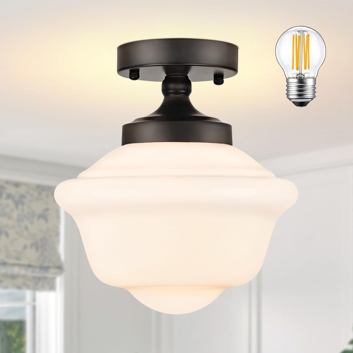 8" Schoolhouse Light Fixtures Ceiling Black Schoolhouse Lights Fixture Mid Century Light Fixtures Milk Glass Lights Fixture Semi Flush Mount Ceiling for Bathroom Kitchen (Bulb Incl.)