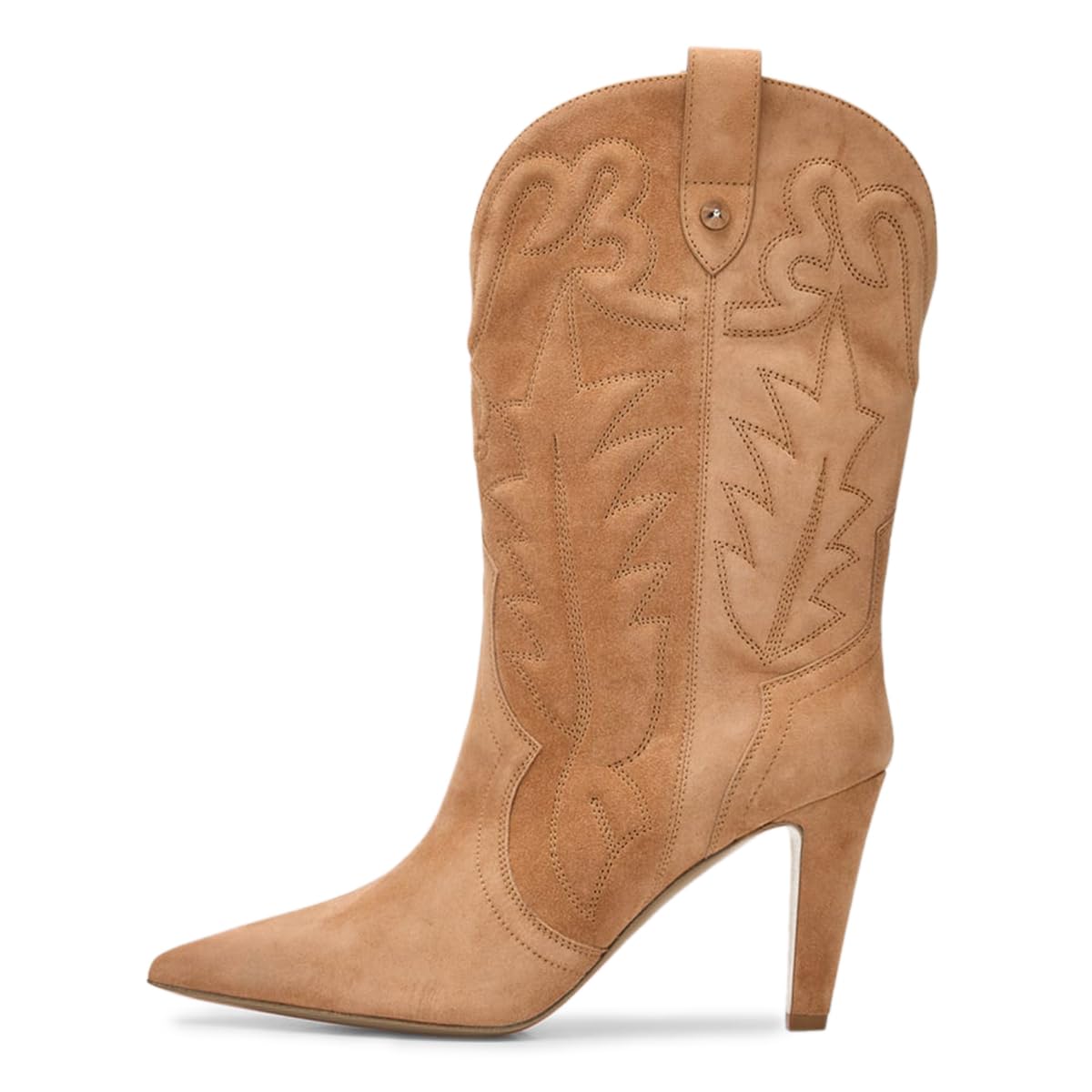 FOWT Women Pointed Toe Embroiderde Mid Calf Boots Pull on High Heel Wide Calf Boots Winter Fall Comfy