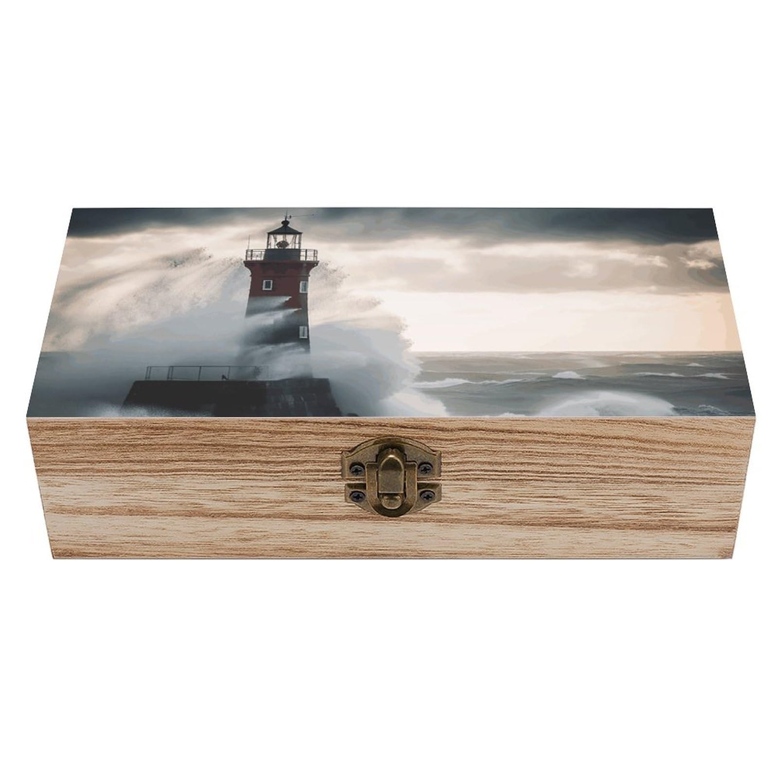 NONHAI Wooden Storage Box Lighthouse In Storm Wood Gift Box with Hinged Lid Vintage Decorative Jewelry Boxes Memory Box for Jewelry Art Hobbies Home Storage Treasure Keepsake Gift 7.9''x3.9''x2.3''