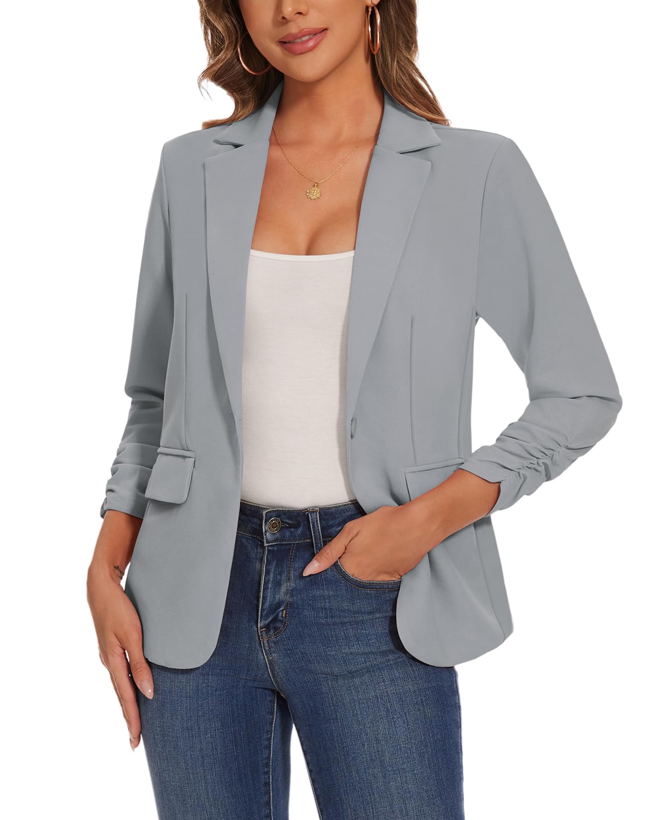 Womens Casual Single Button Front Blazer Ruched 3 4 Sleeve Notched Lapel Office Lightweight Blazers with Pockets