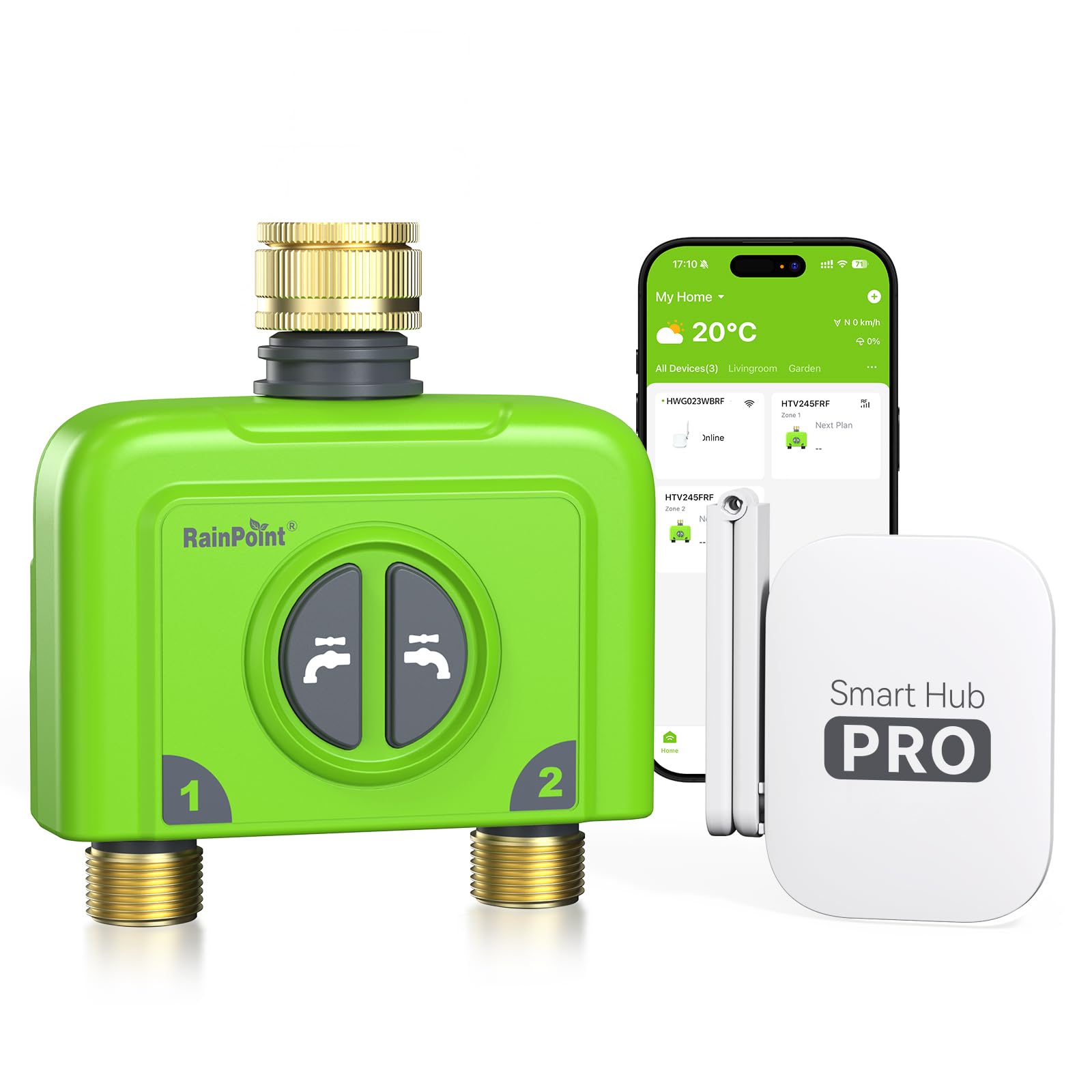 RAINPOINT WiFi Water Timer 2 Outlets, Smart Irrigation Hose Timer with with Brass Inlet & Outlet, Antenna Hub, Weather Based Automatic Irrigation System for Garden, APP Remote/Voice Control