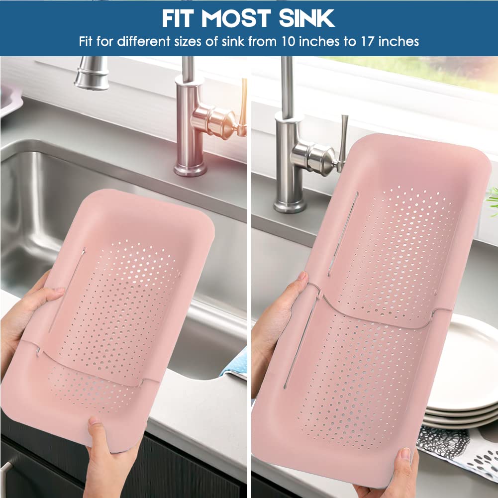 2 Pcs Collapsible Colander Kitchen Extendable Strainer Fruits Vegetables Noodle Pasta Food Drain Basket Space-Saver Portable Drainer Over Sink (2, 3#Pink)