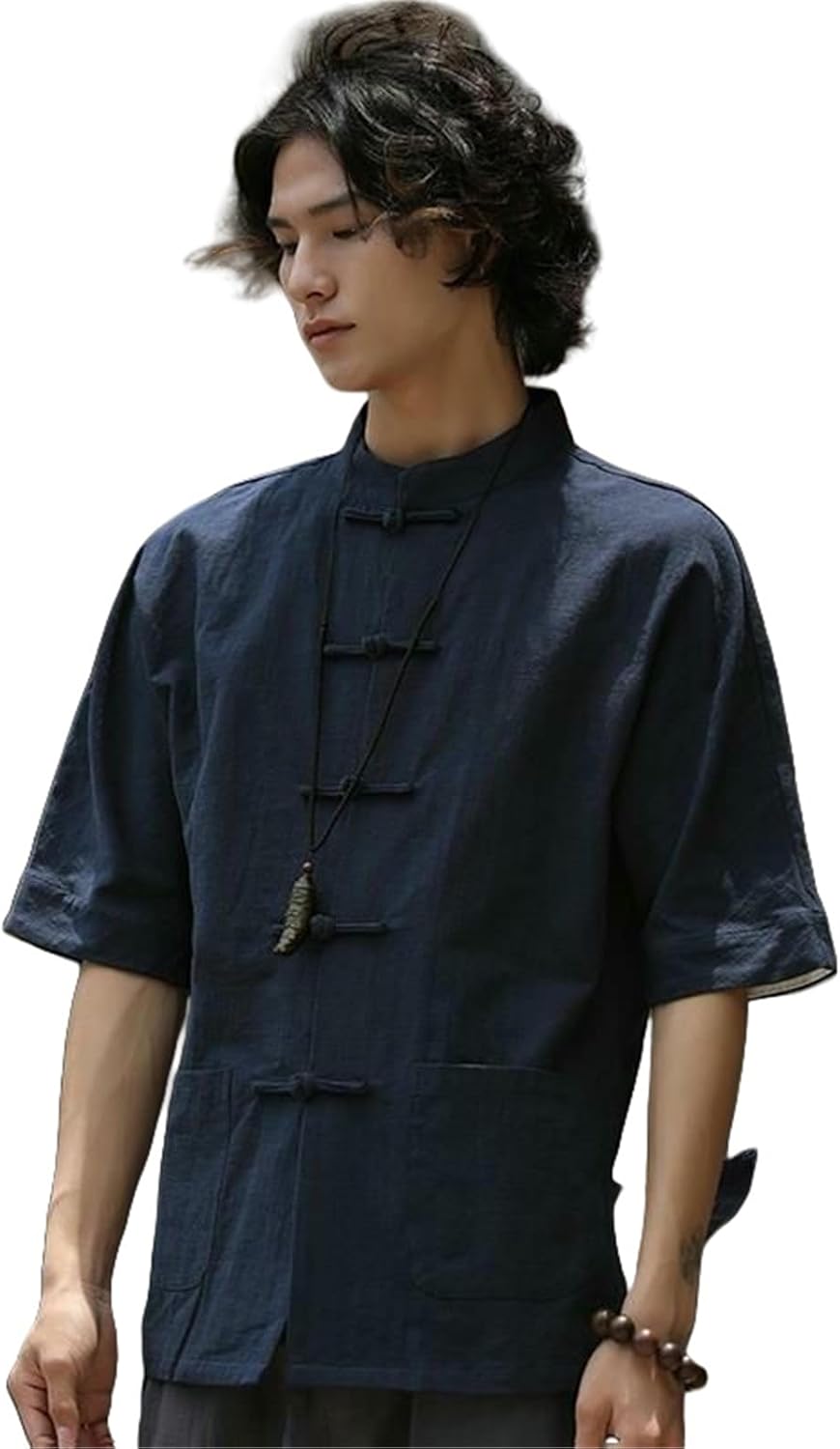 Men's Retro Chinese Style Tang Suit Linen Cotton Stand Collar 3/4 Sleeve Shirt
