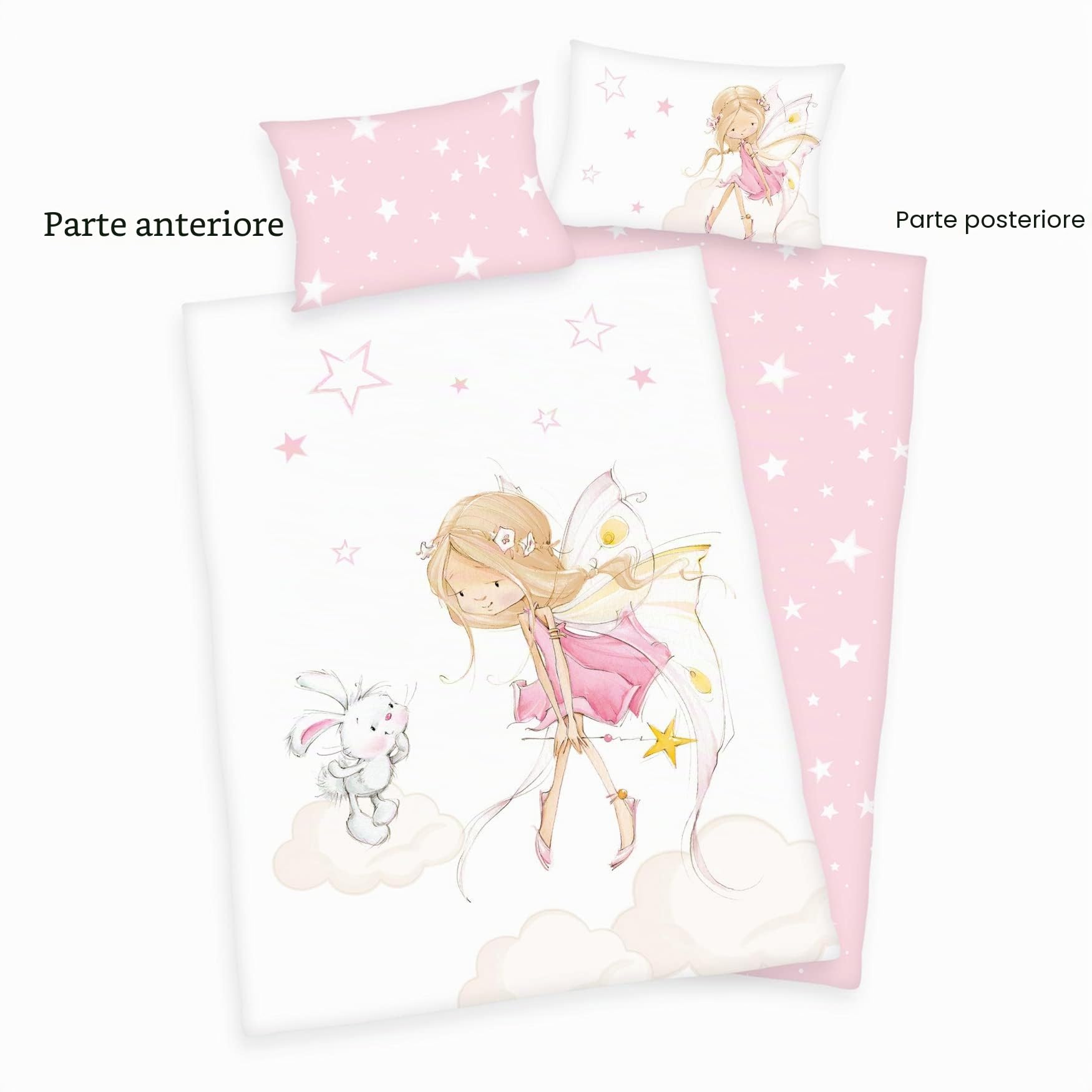 Herding Set Biancheria da Letto Little Fairy, MADE IN GREEN by OEKO TEX, Federa 40 x 60 cm con Chiusura a Busta, Copripiumino 100 x 135 cm con Cerniera Scorrevole, 100% Cotone Renforcé, Rosa