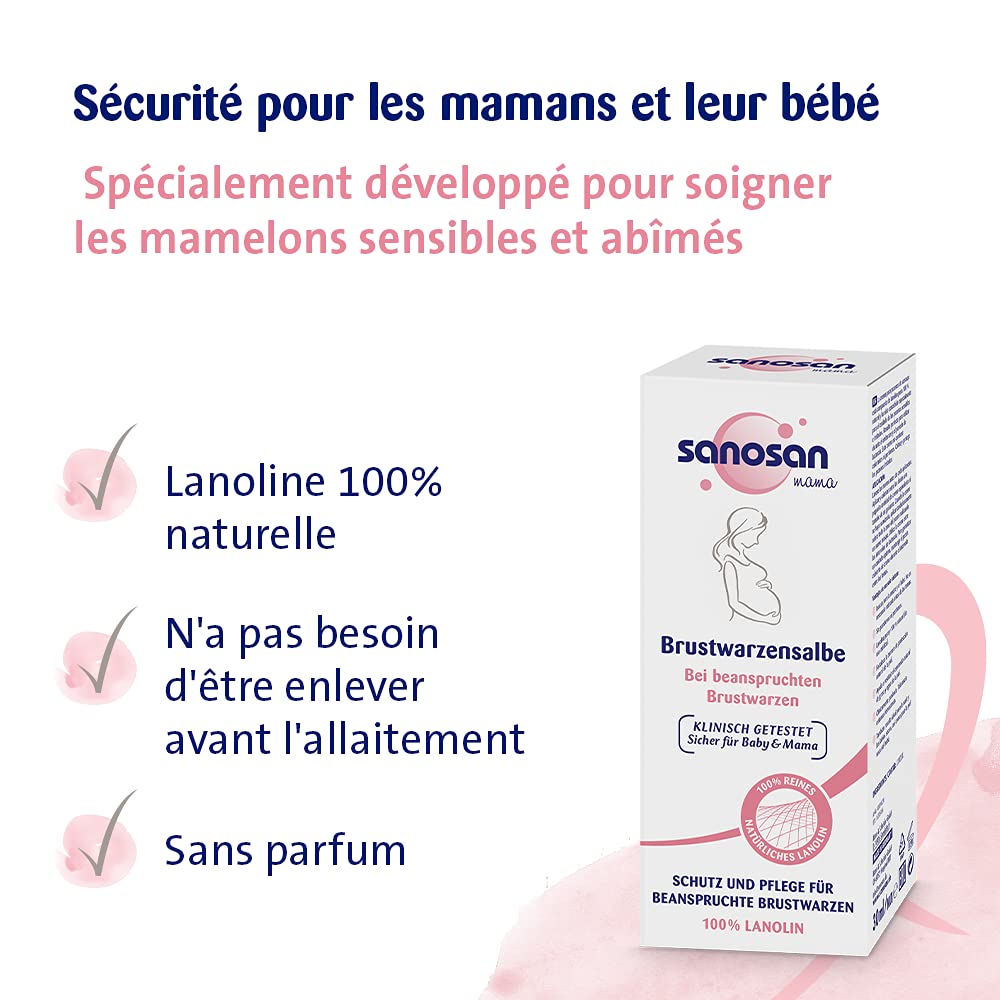 sanosan Creme mamelon allaitement testée cliniquement - lanoline naturelle pure à 100% grossesse et allaitement - Crème pour mamelons sans parabènes, colorants ou parfums (1x 30 ml)