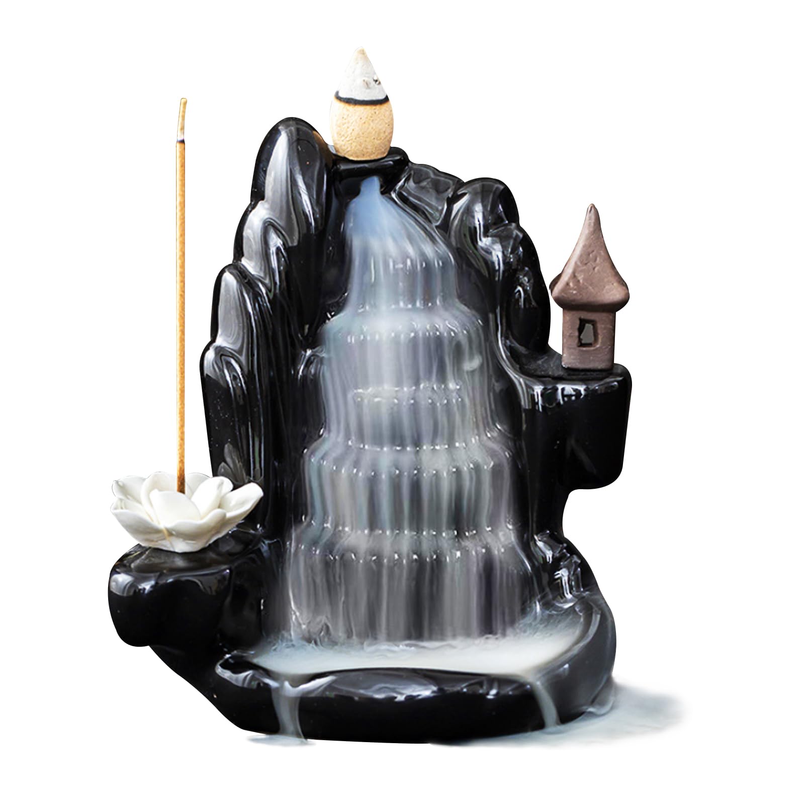 Beauenty Castle Peak Flowing Water Incense Burner, Smoke Waterfall Incense Burner, Portable Backflow Incense Burner, Ceramic Home Decor (Style 1)