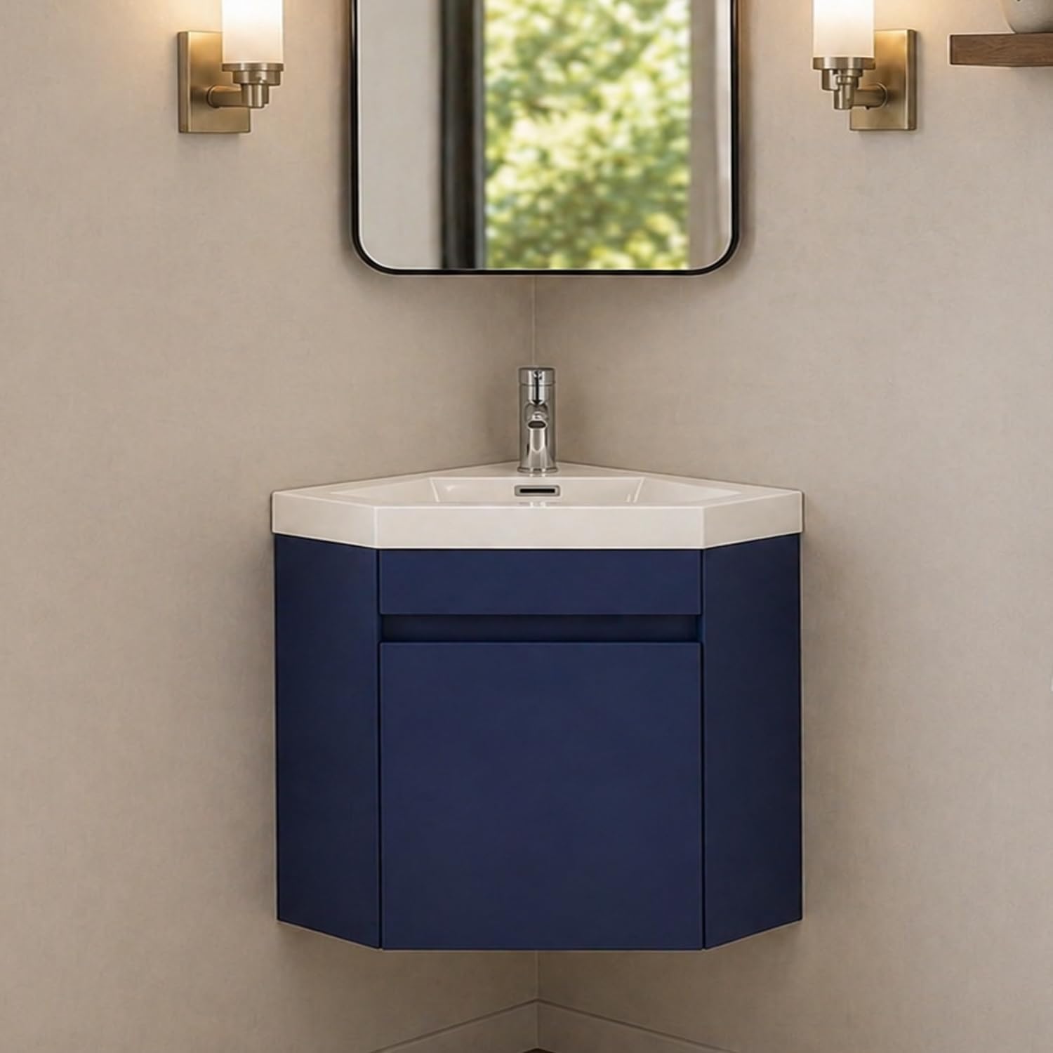 wonline 16" Corner Bathroom Vanity Sink Combo for Small Space Wall Mounted Cabinet Set Design Navy Resin Basin Sink Top Chrome Faucet and Drain